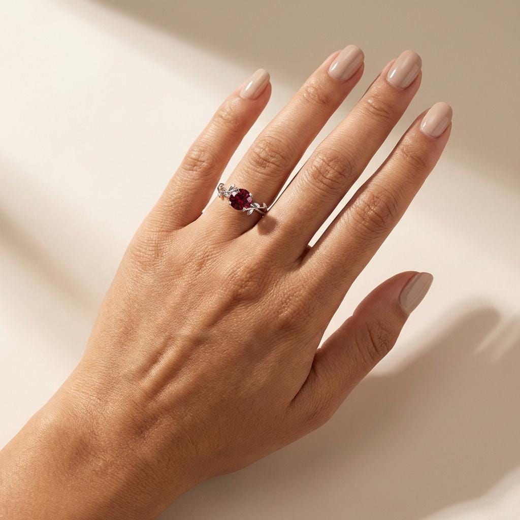 0.8ct Round Garnet Ring, January Birthstone Promise Ring, Nature Inspired Vine Ring, Vintage Stackable Gemstone Ring for Her