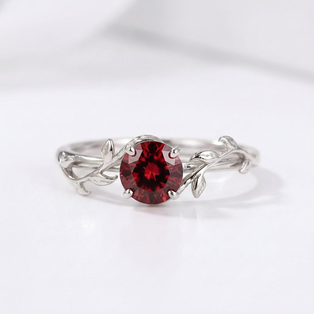 0.8ct Round Garnet Ring, January Birthstone Promise Ring, Nature Inspired Vine Ring, Vintage Stackable Gemstone Ring for Her