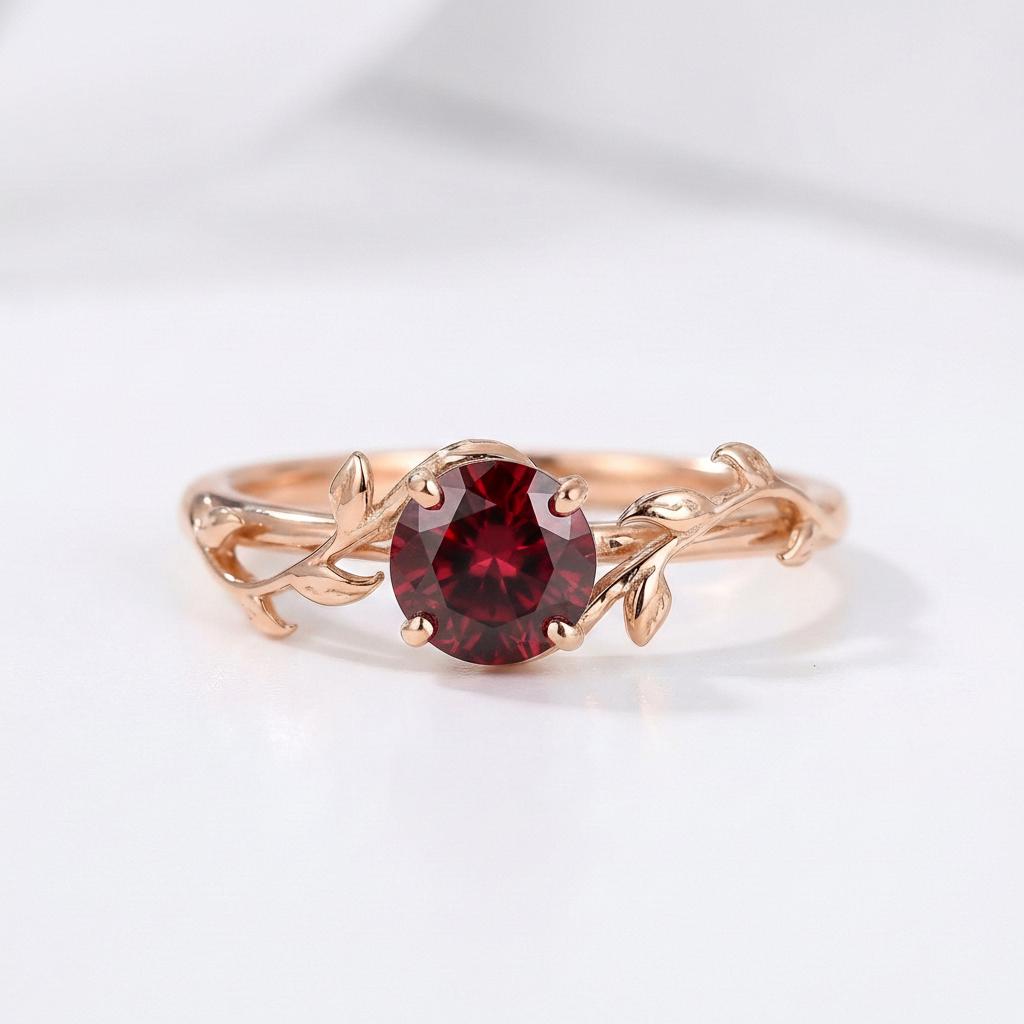 0.8ct Round Garnet Ring, January Birthstone Promise Ring, Nature Inspired Vine Ring, Vintage Stackable Gemstone Ring for Her