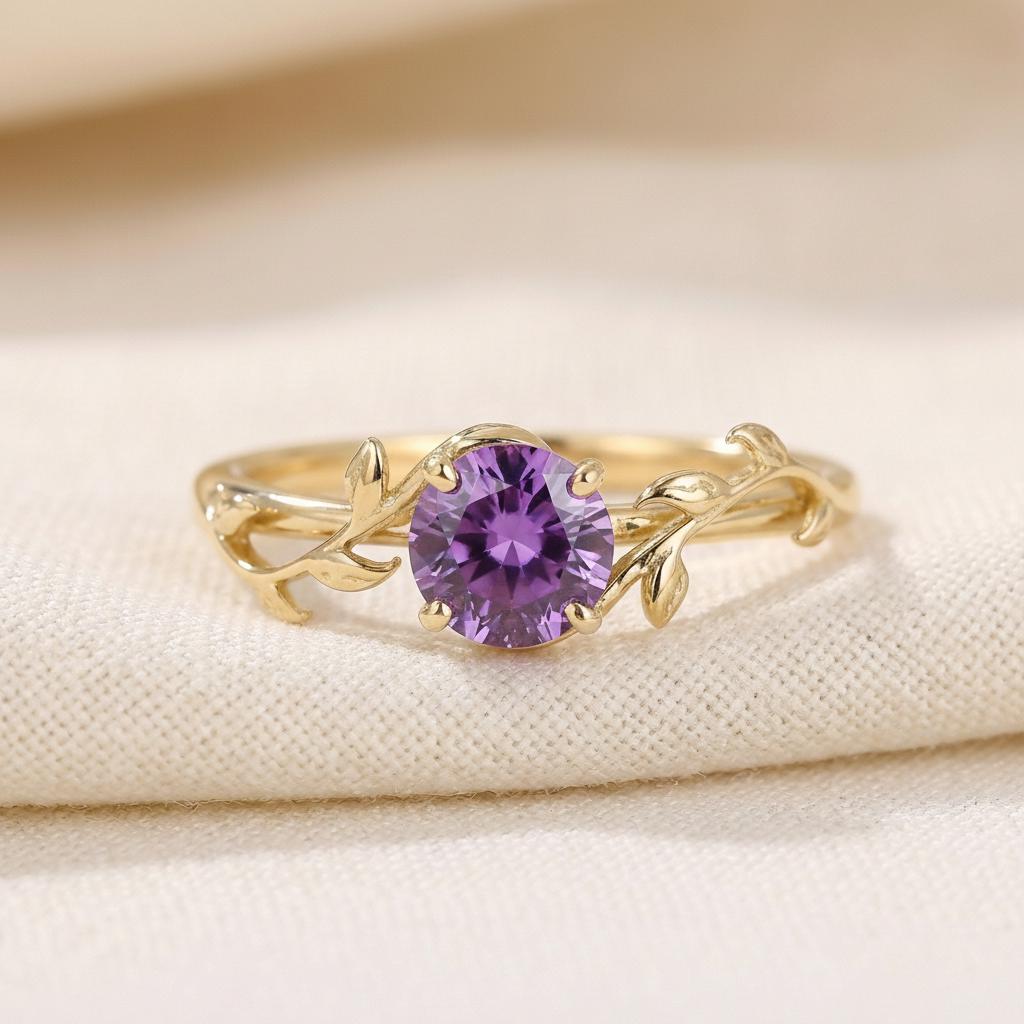 0.8ct Amethyst Ring,  14K Sold Gold Vintage Round Amethyst Ring, Nature Inspired Vine Stacking Ring, February Birthstone