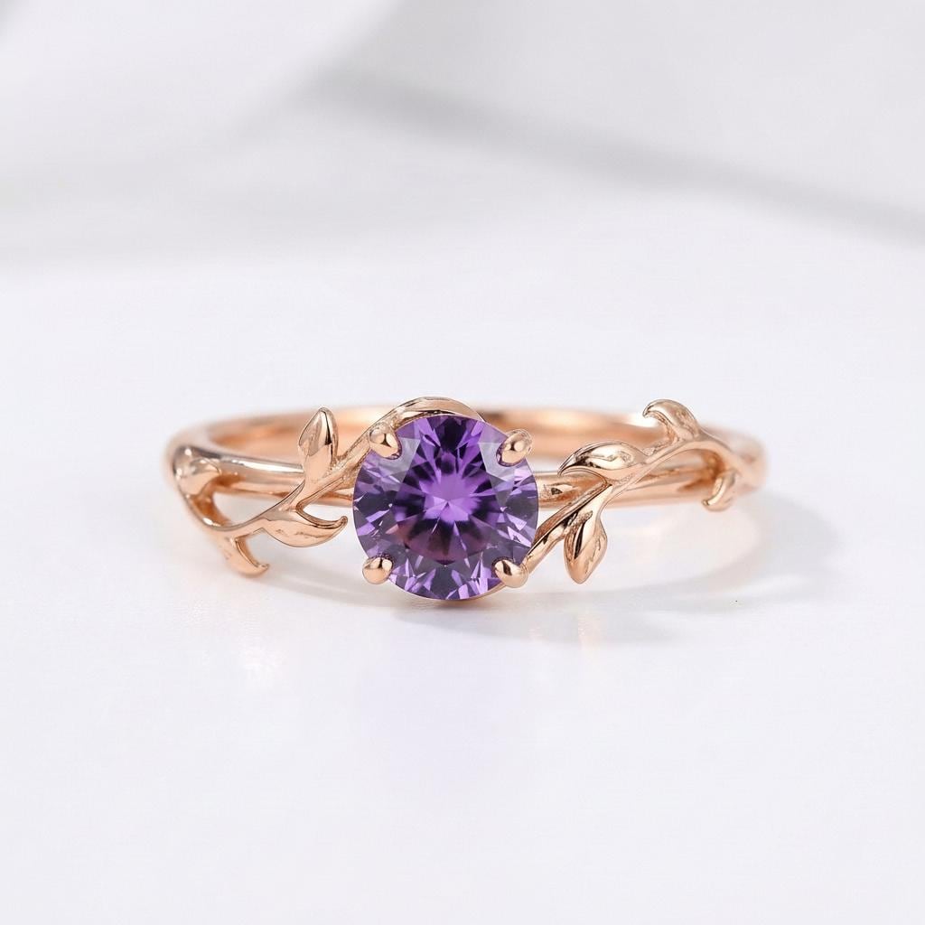 0.8ct Amethyst Ring,  14K Sold Gold Vintage Round Amethyst Ring, Nature Inspired Vine Stacking Ring, February Birthstone