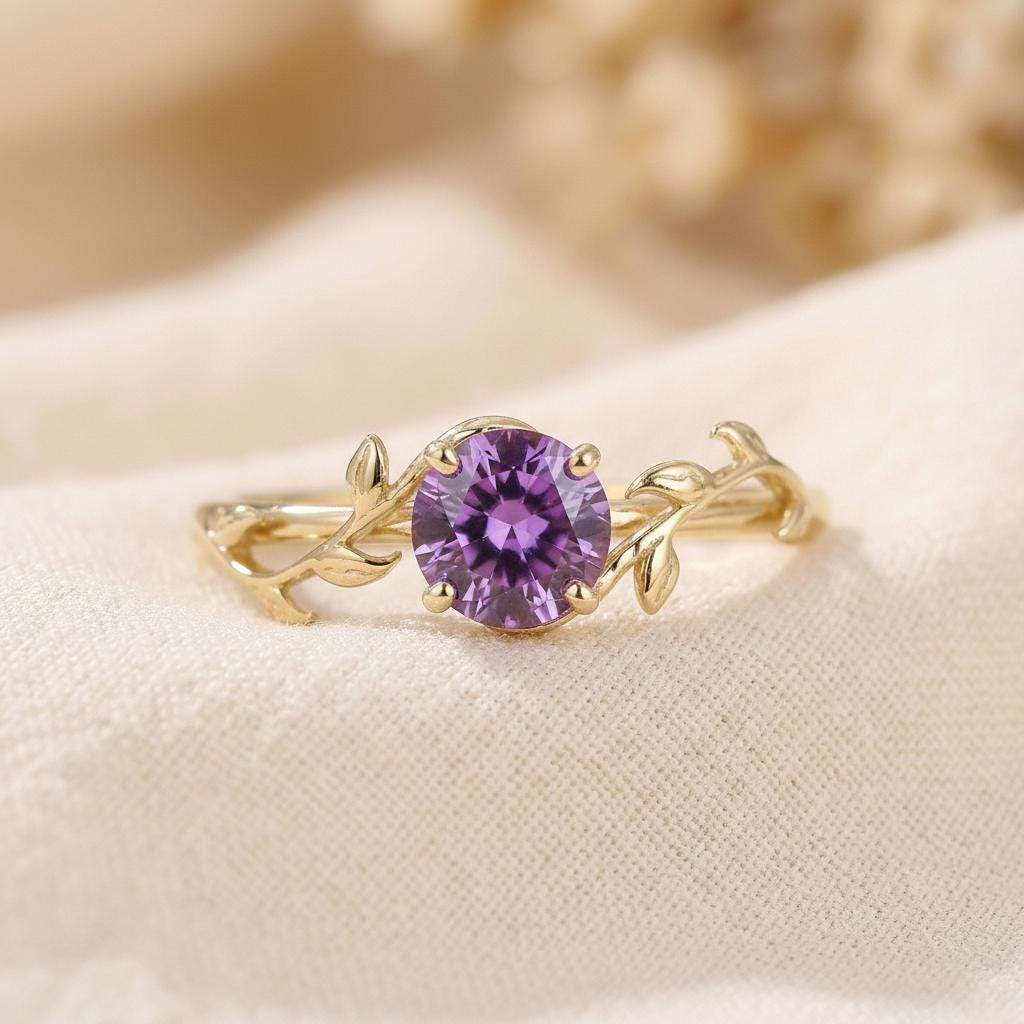 0.8ct Amethyst Ring,  14K Sold Gold Vintage Round Amethyst Ring, Nature Inspired Vine Stacking Ring, February Birthstone