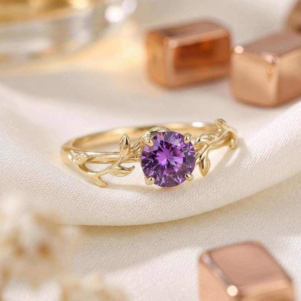 0.8ct Amethyst Ring,  14K Sold Gold Vintage Round Amethyst Ring, Nature Inspired Vine Stacking Ring, February Birthstone