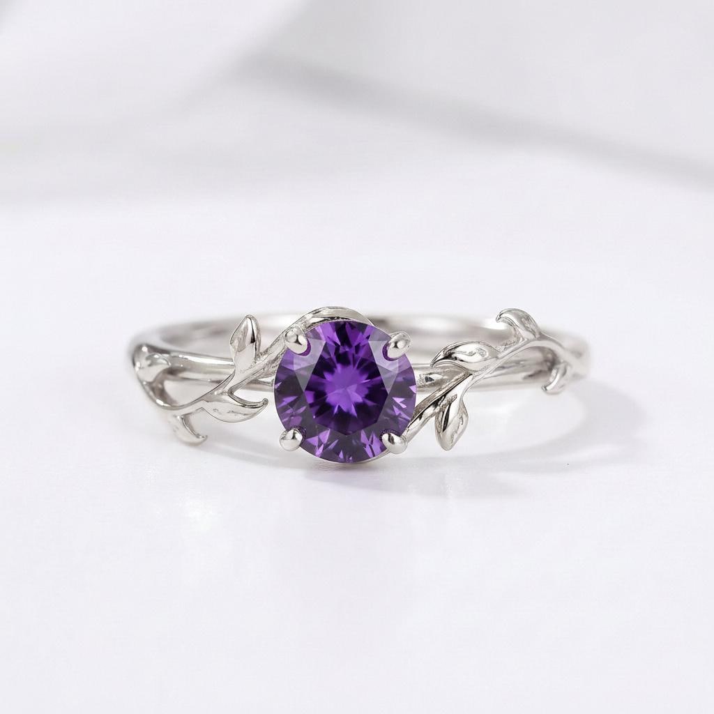 0.8ct Amethyst Ring,  14K Sold Gold Vintage Round Amethyst Ring, Nature Inspired Vine Stacking Ring, February Birthstone