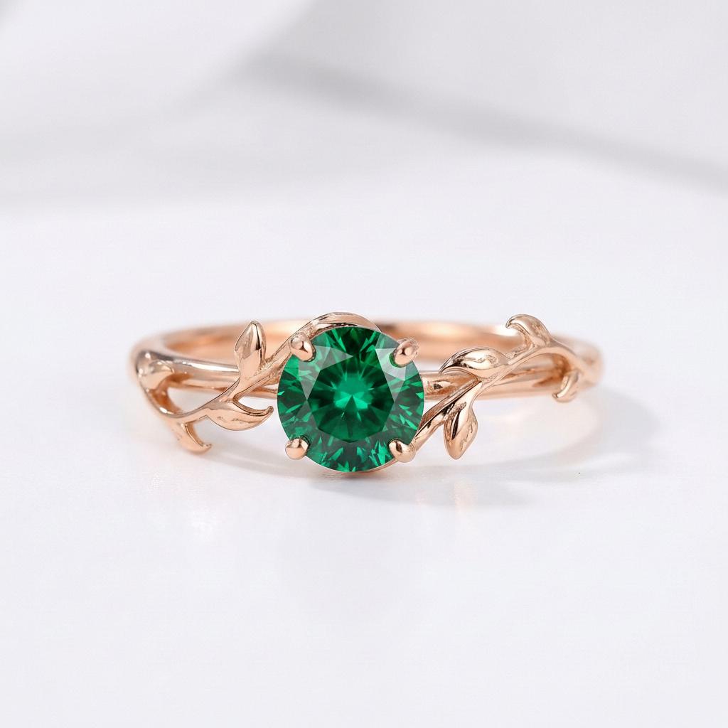 0.8ct Round Emerald Ring, May Birthstone Promise Ring, Nature Inspired Vine Ring, Vintage Stackable Gemstone Ring for Her
