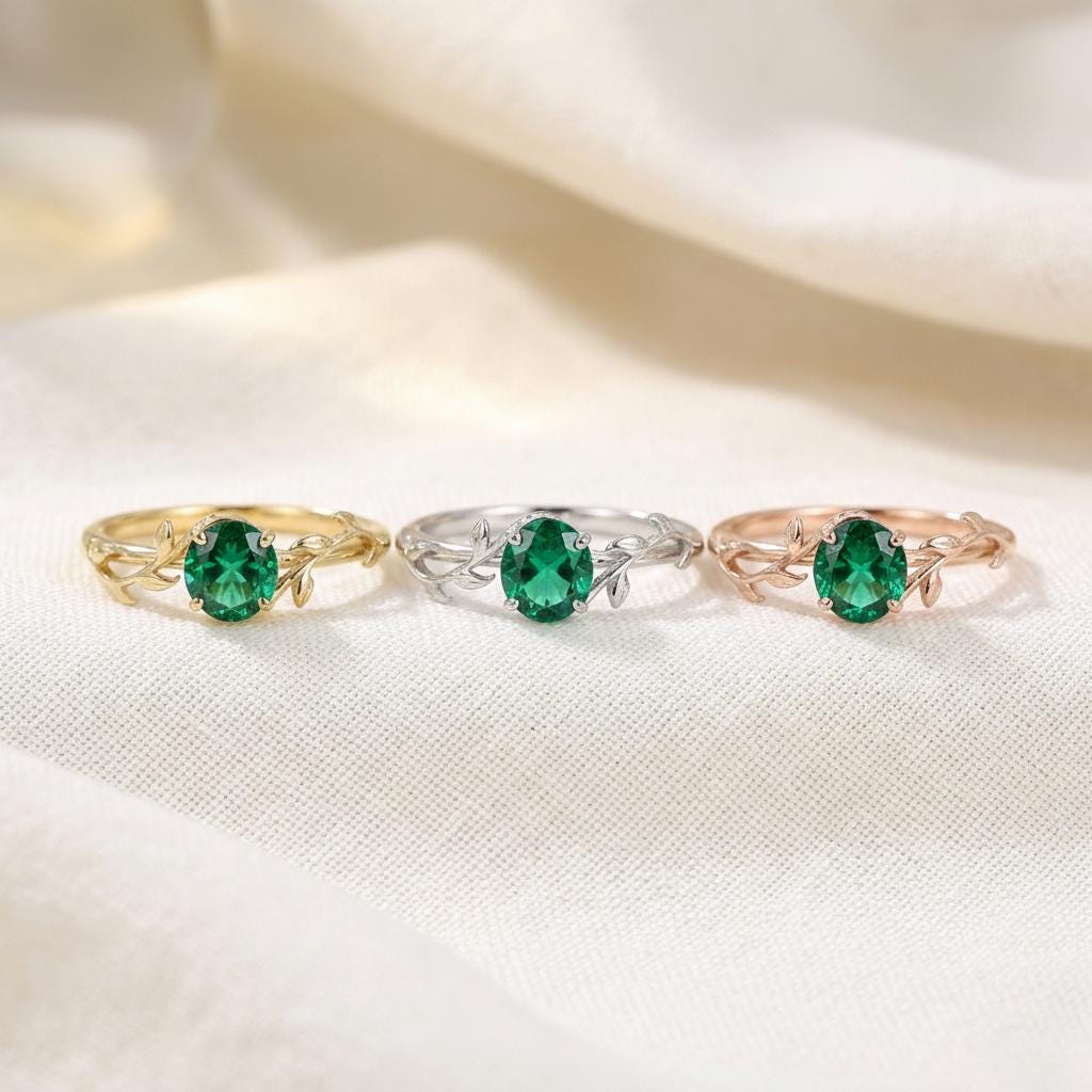 0.8ct Round Emerald Ring, May Birthstone Promise Ring, Nature Inspired Vine Ring, Vintage Stackable Gemstone Ring for Her