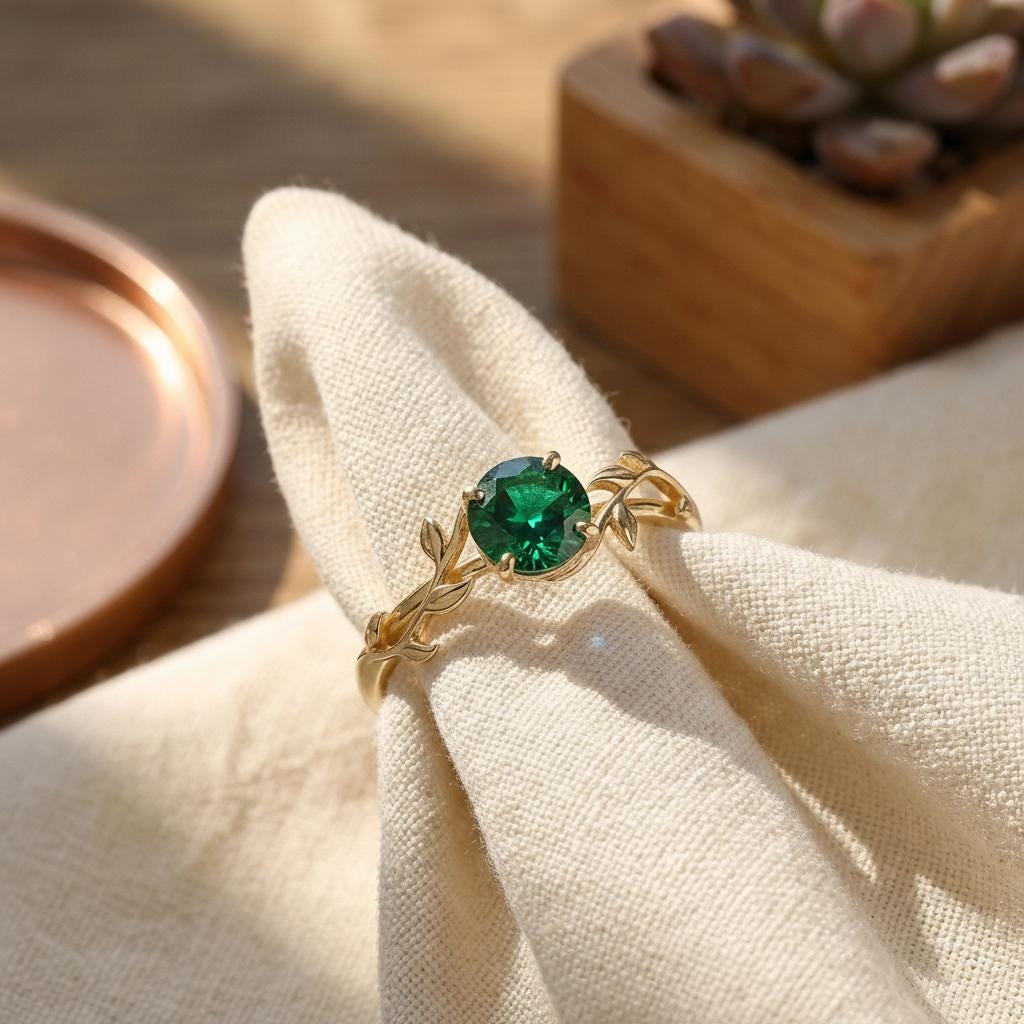 0.8ct Round Emerald Ring, May Birthstone Promise Ring, Nature Inspired Vine Ring, Vintage Stackable Gemstone Ring for Her