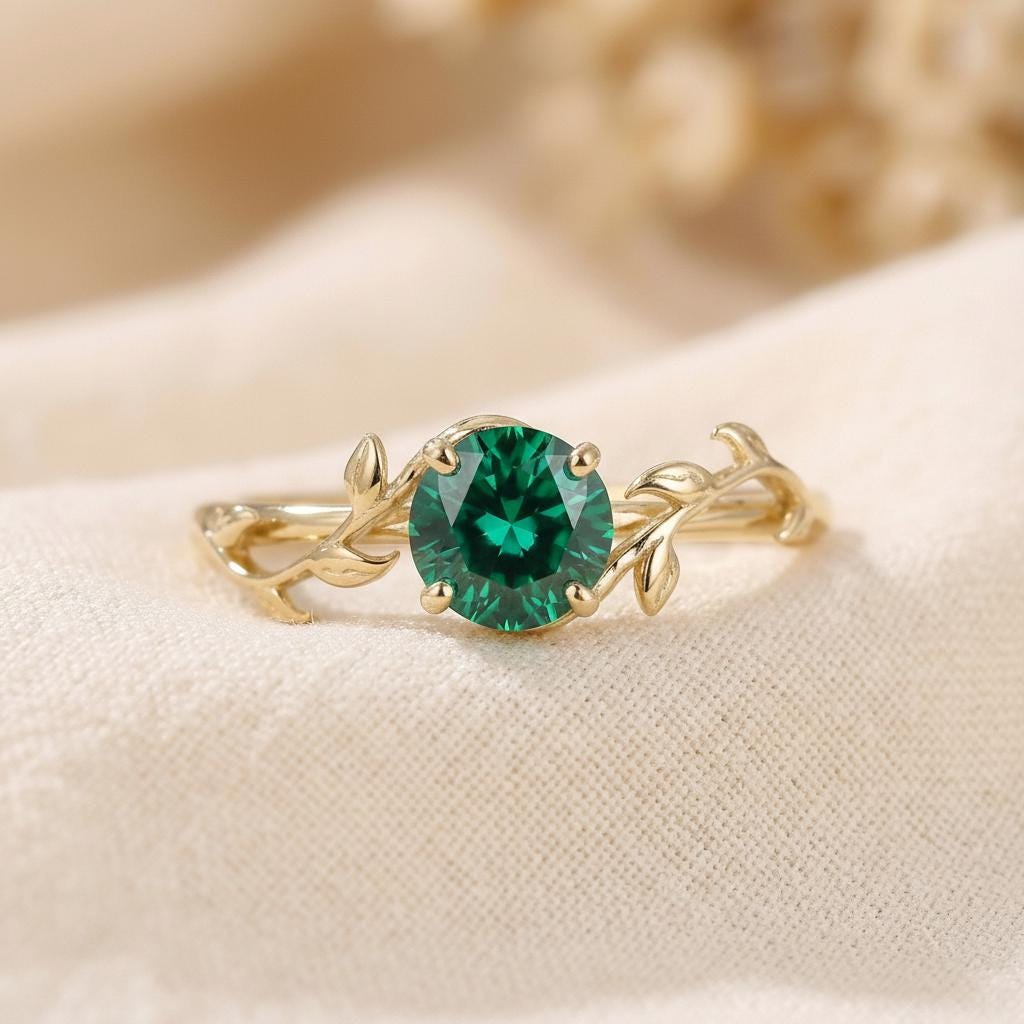 0.8ct Round Emerald Ring, May Birthstone Promise Ring, Nature Inspired Vine Ring, Vintage Stackable Gemstone Ring for Her