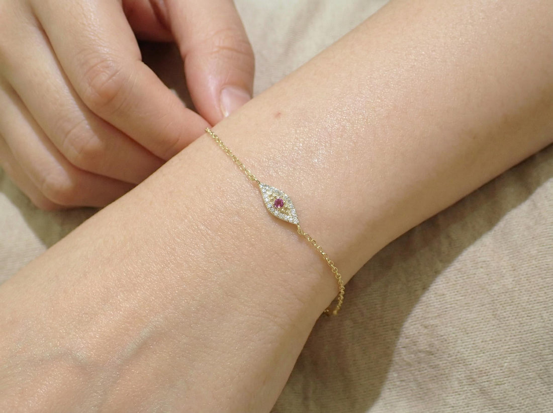 Pink Tourmaline Evil Eye Bracelet, 14K Gold Micro Pave Diamond Bracelet, Protective Talisman Jewelry, Gift For Her, October Birthstone