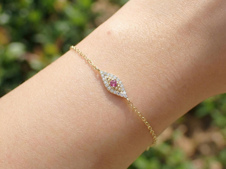 Pink Tourmaline Evil Eye Bracelet, 14K Gold Micro Pave Diamond Bracelet, Protective Talisman Jewelry, Gift For Her, October Birthstone