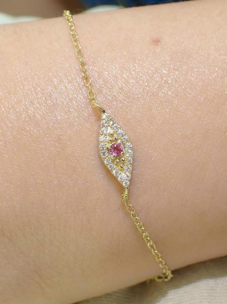 Pink Tourmaline Evil Eye Bracelet, 14K Gold Micro Pave Diamond Bracelet, Protective Talisman Jewelry, Gift For Her, October Birthstone