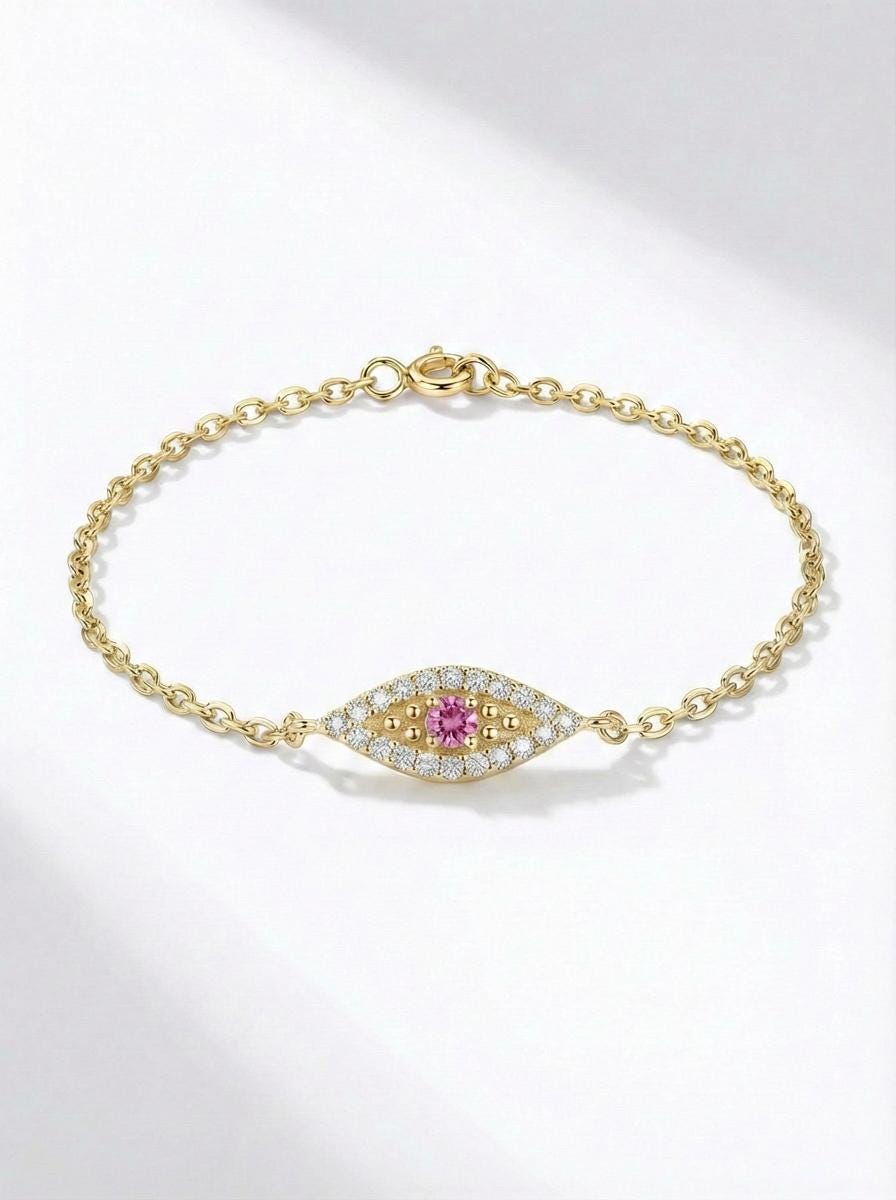 Pink Tourmaline Evil Eye Bracelet, 14K Gold Micro Pave Diamond Bracelet, Protective Talisman Jewelry, Gift For Her, October Birthstone