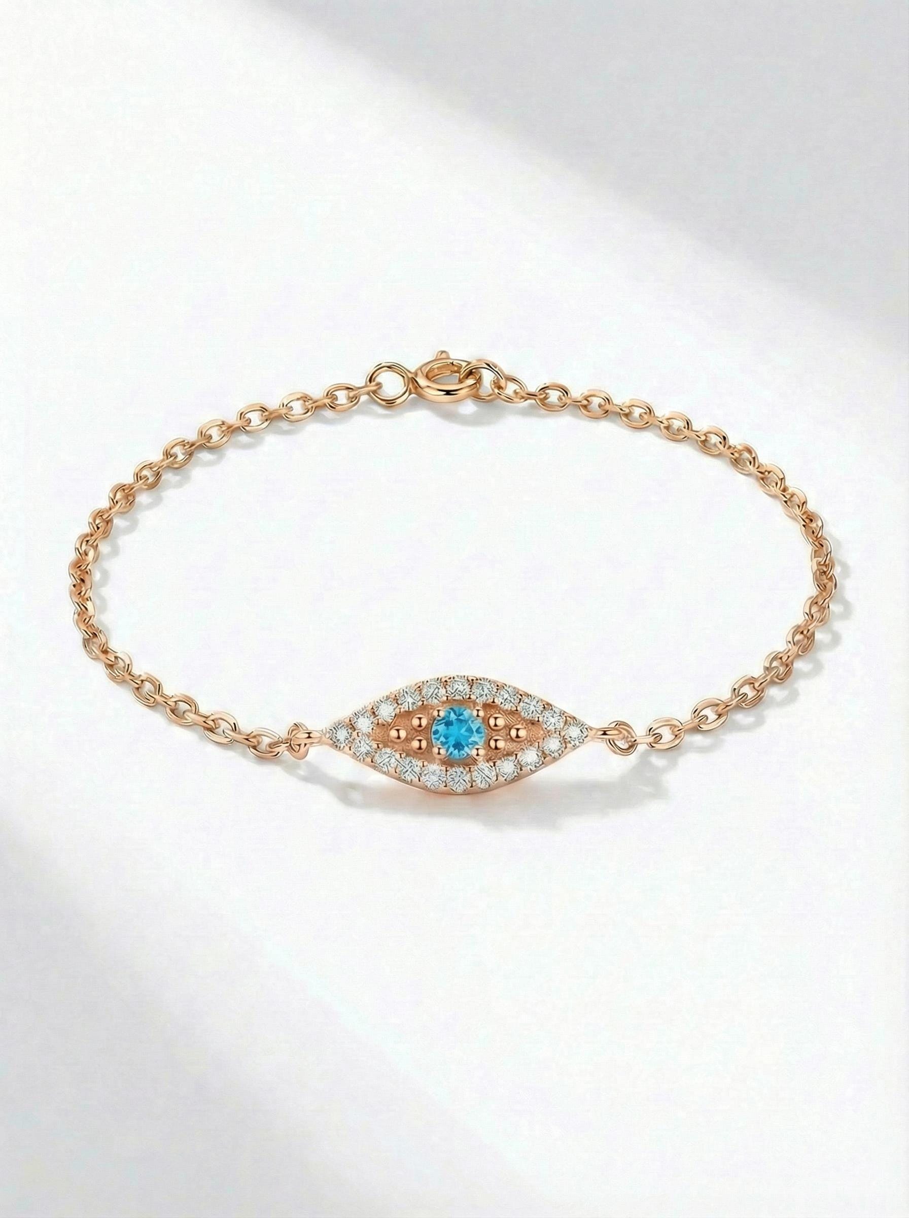 Blue Topaz Evil Eye Bracelet, December Birthstone Jewelry, 14K Gold Protection Bracelet, Self Love Gift for Her