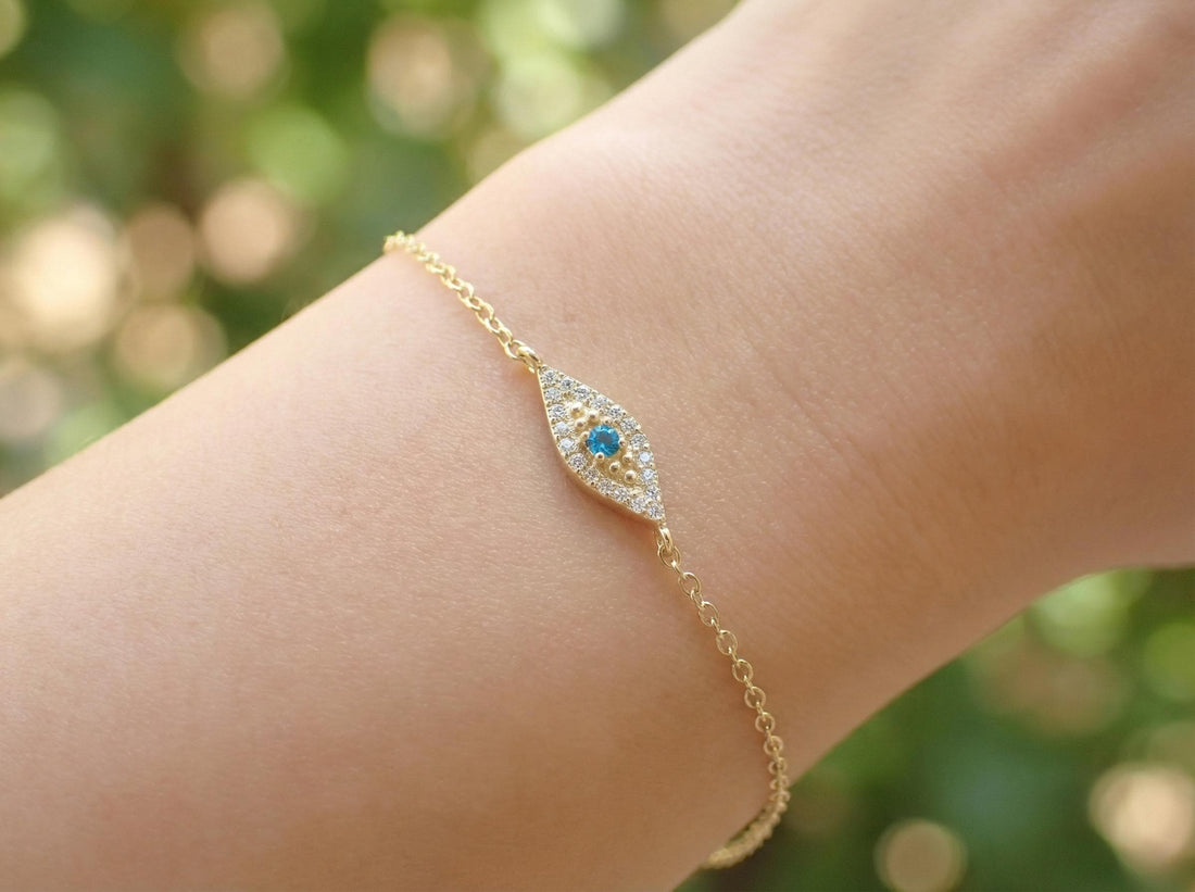 Blue Topaz Evil Eye Bracelet, December Birthstone Jewelry, 14K Gold Protection Bracelet, Self Love Gift for Her