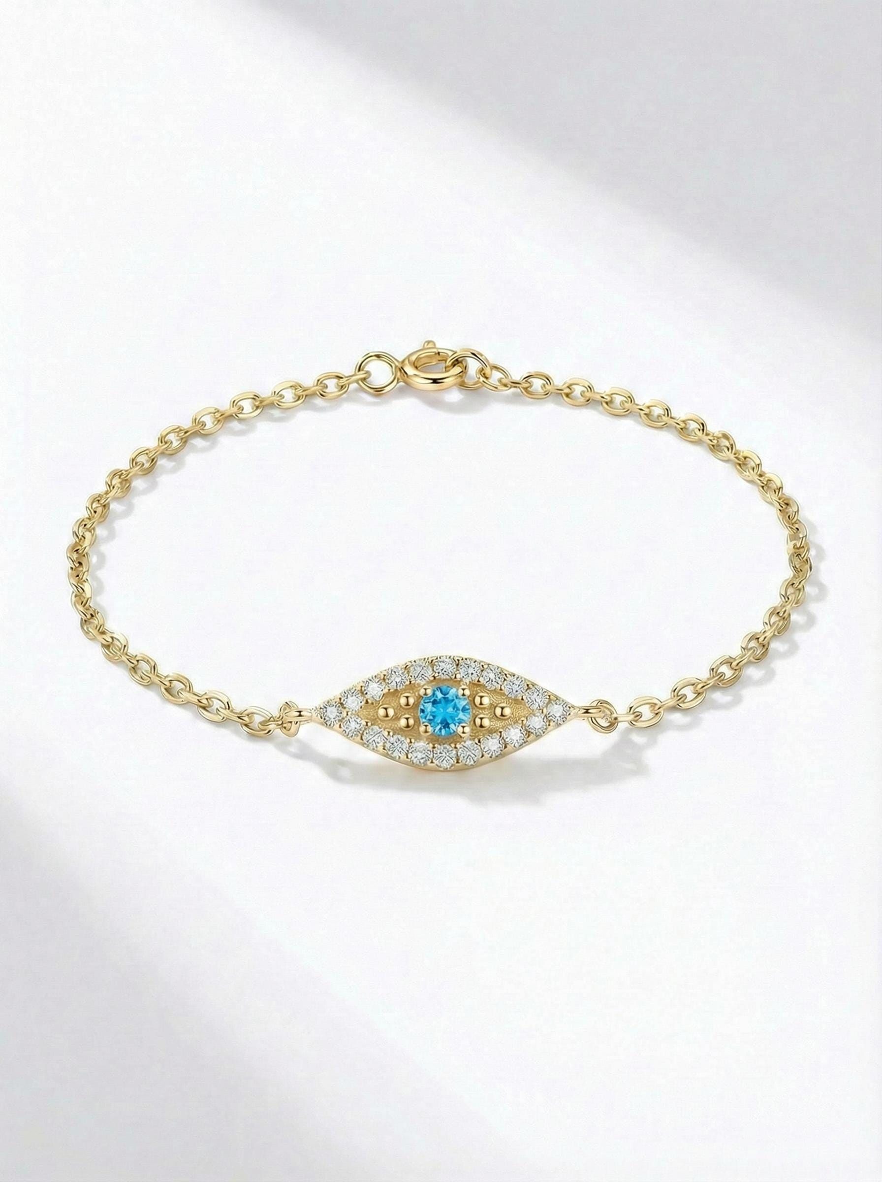 Blue Topaz Evil Eye Bracelet, December Birthstone Jewelry, 14K Gold Protection Bracelet, Self Love Gift for Her