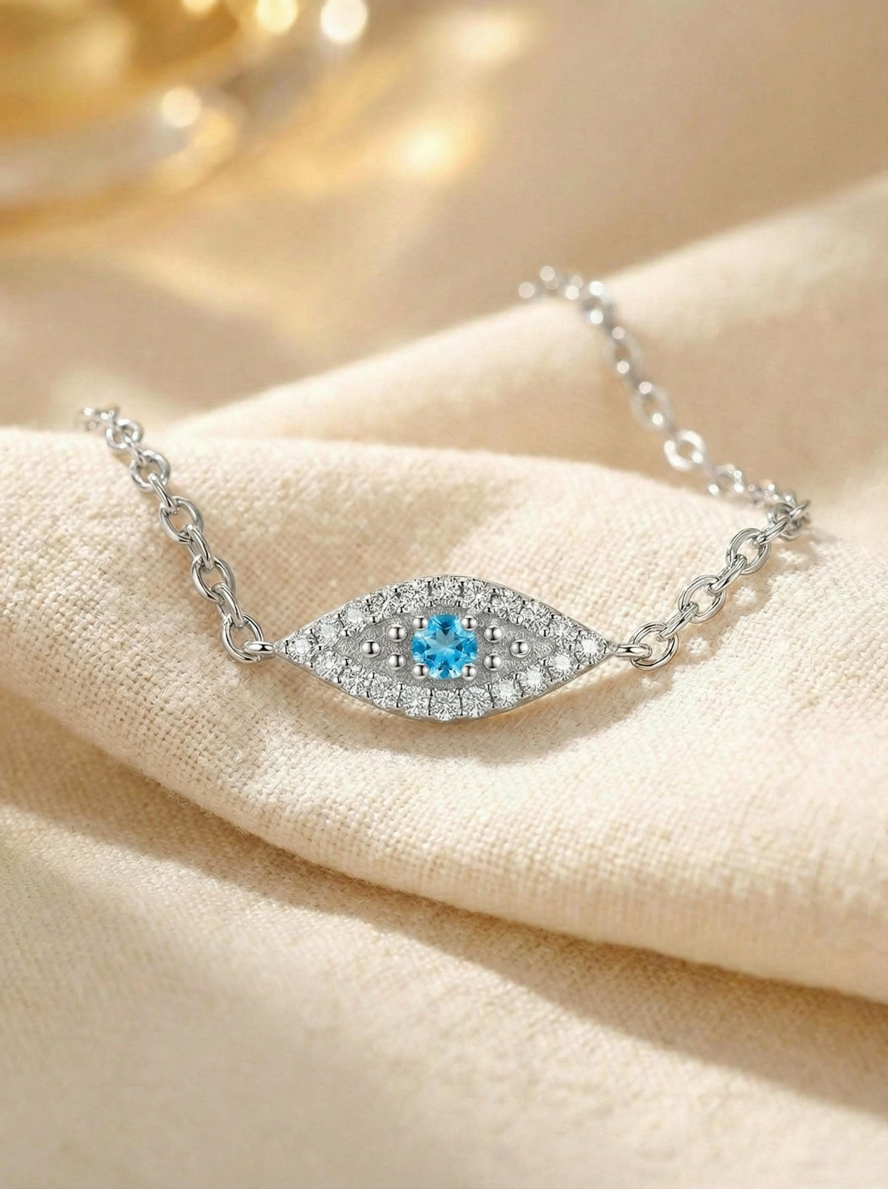 Blue Topaz Evil Eye Bracelet, December Birthstone Jewelry, 14K Gold Protection Bracelet, Self Love Gift for Her