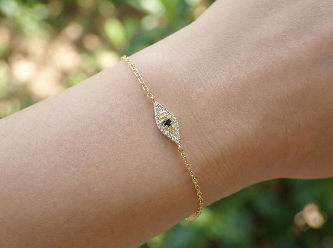 Black Diamond Evil Eye Bracelet, 14K Gold Protection Bracelet, Micro Pave Diamond Jewelry, Good Luck Gift for Her