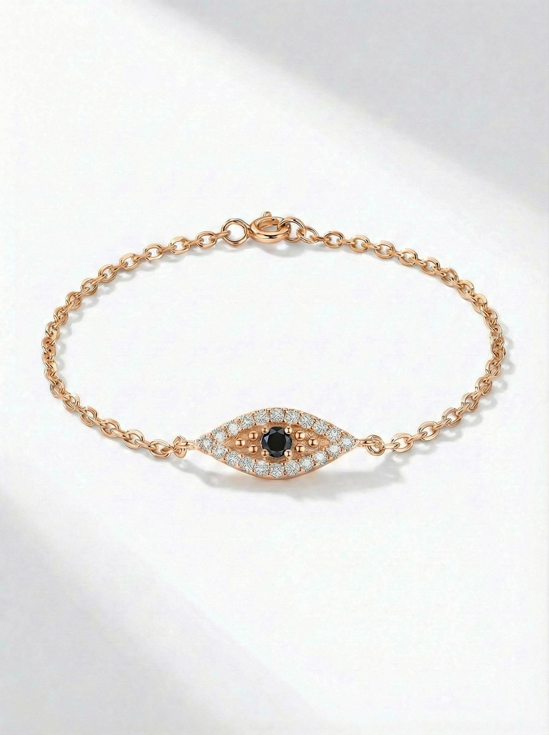 Black Diamond Evil Eye Bracelet, 14K Gold Protection Bracelet, Micro Pave Diamond Jewelry, Good Luck Gift for Her