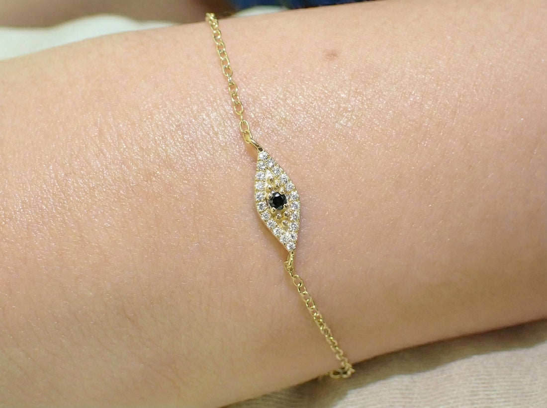 Black Diamond Evil Eye Bracelet, 14K Gold Protection Bracelet, Micro Pave Diamond Jewelry, Good Luck Gift for Her
