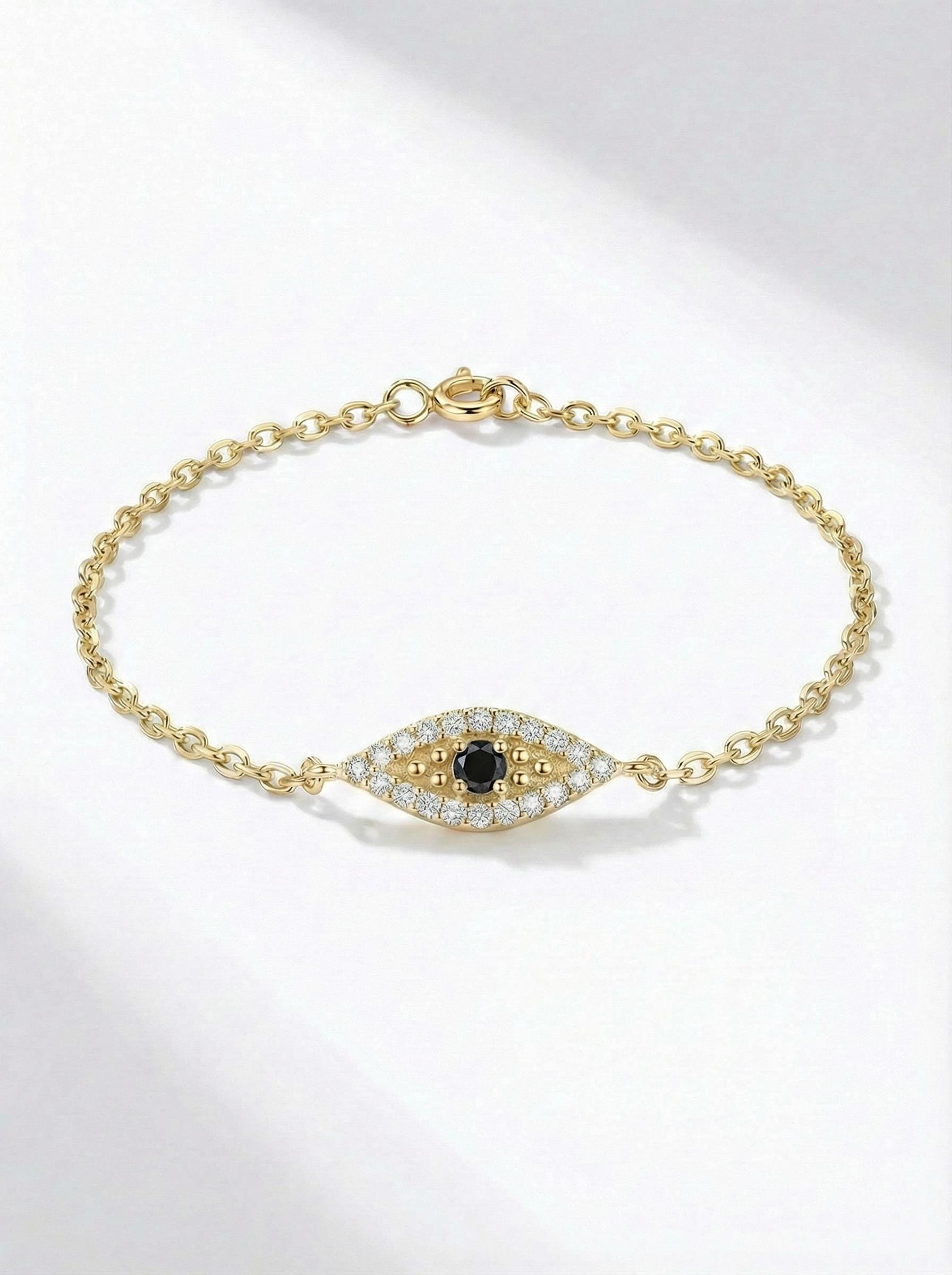 Black Diamond Evil Eye Bracelet, 14K Gold Protection Bracelet, Micro Pave Diamond Jewelry, Good Luck Gift for Her