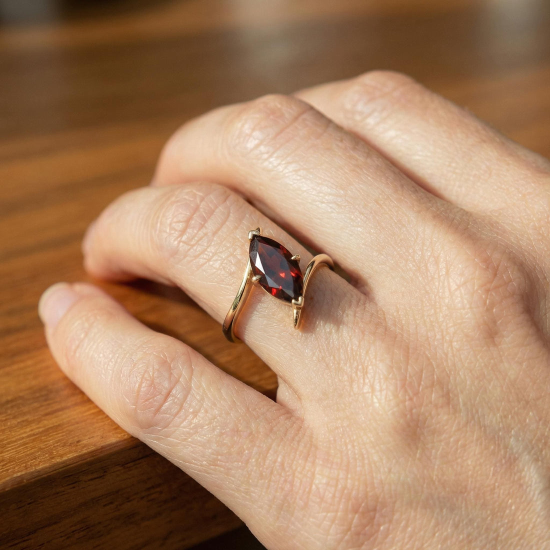 1.5ct Garnet Ring, Marquise Cut Garnet Solitaire, Curved Bypass Band, January Birthstone, 14K Gold Nature Inspired Ring