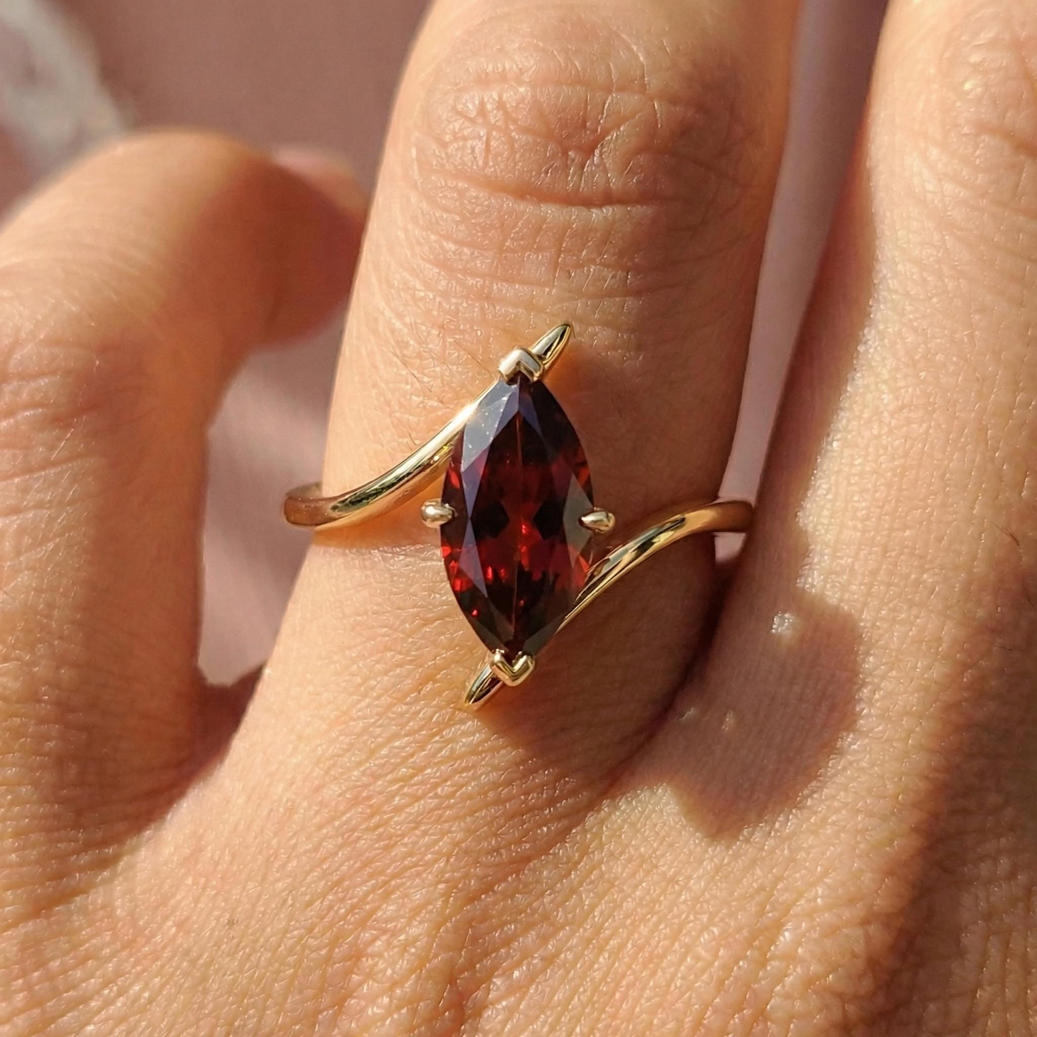 1.5ct Garnet Ring, Marquise Cut Garnet Solitaire, Curved Bypass Band, January Birthstone, 14K Gold Nature Inspired Ring