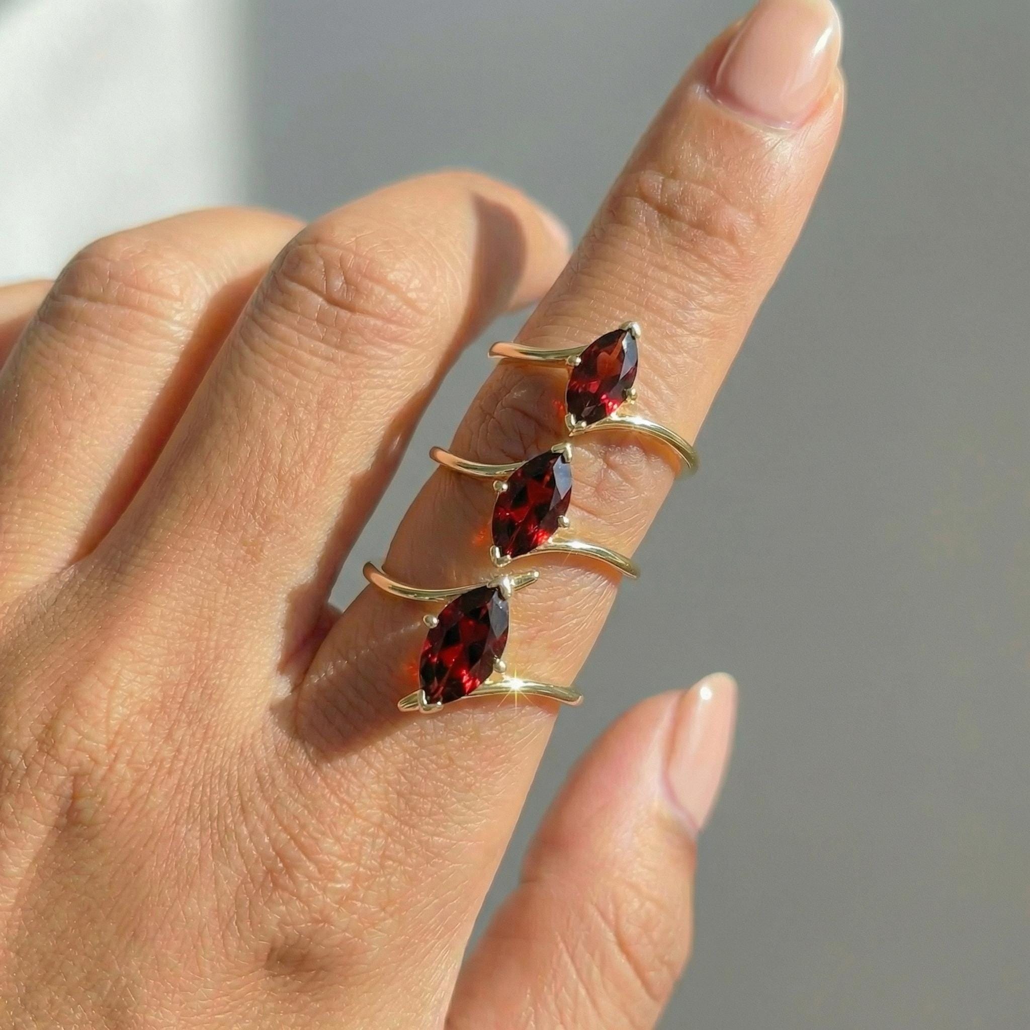 1.5ct Garnet Ring, Marquise Cut Garnet Solitaire, Curved Bypass Band, January Birthstone, 14K Gold Nature Inspired Ring