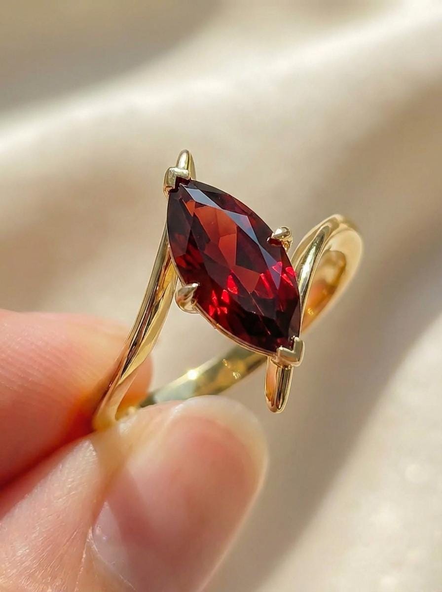 1.5ct Garnet Ring, Marquise Cut Garnet Solitaire, Curved Bypass Band, January Birthstone, 14K Gold Nature Inspired Ring