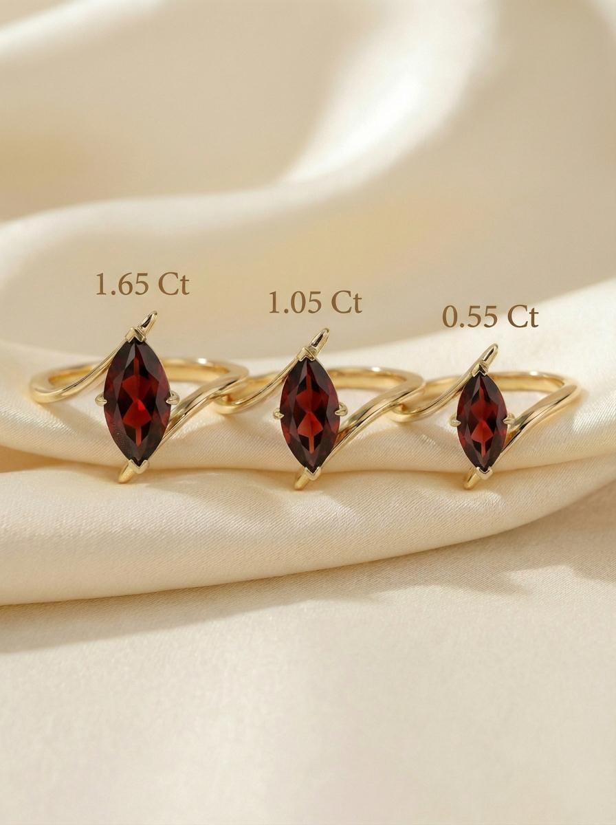 1.5ct Garnet Ring, Marquise Cut Garnet Solitaire, Curved Bypass Band, January Birthstone, 14K Gold Nature Inspired Ring