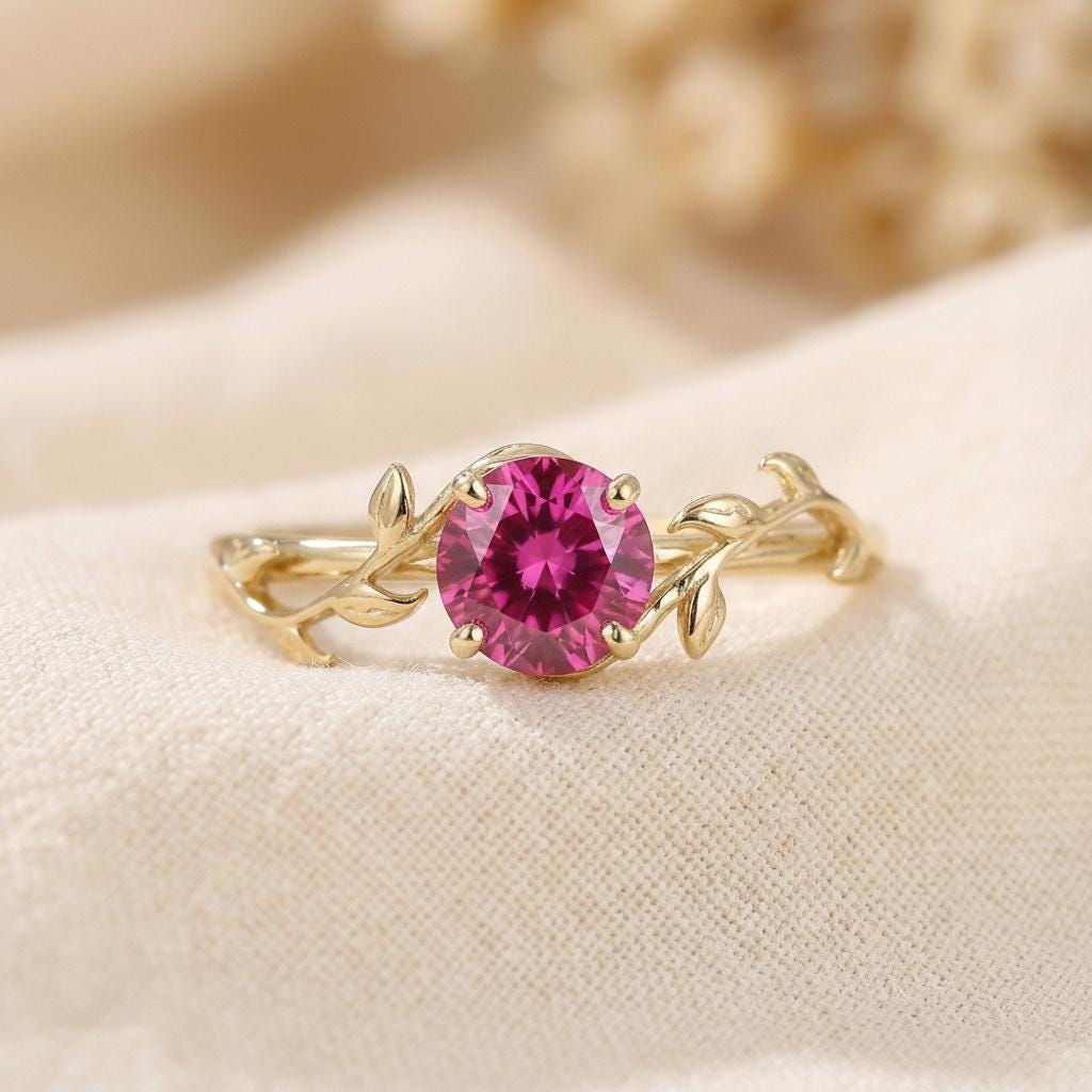 0.8ct Pink Tourmaline Ring, October Birthstone Ring, Vintage Nature Inspired Vine Ring, Dainty Stackable Gift for Her
