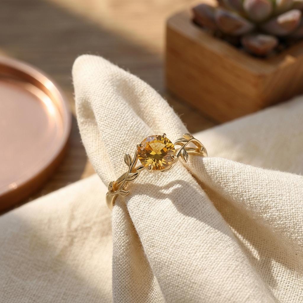 0.8ct Citrine Ring, Vintage Round Citrine Ring, Nature Inspired Vine Stacking Ring, November Birthstone Ring
