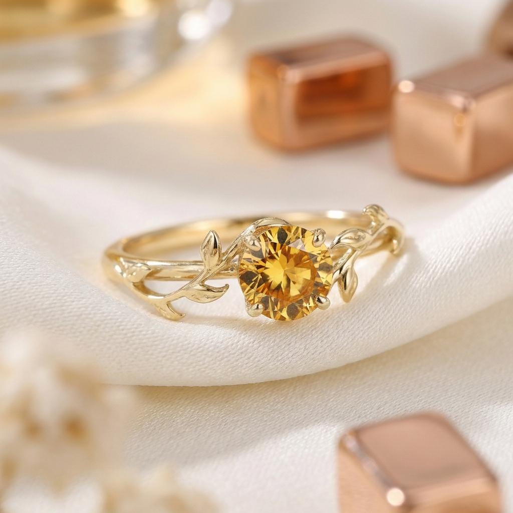 0.8ct Citrine Ring, Vintage Round Citrine Ring, Nature Inspired Vine Stacking Ring, November Birthstone Ring