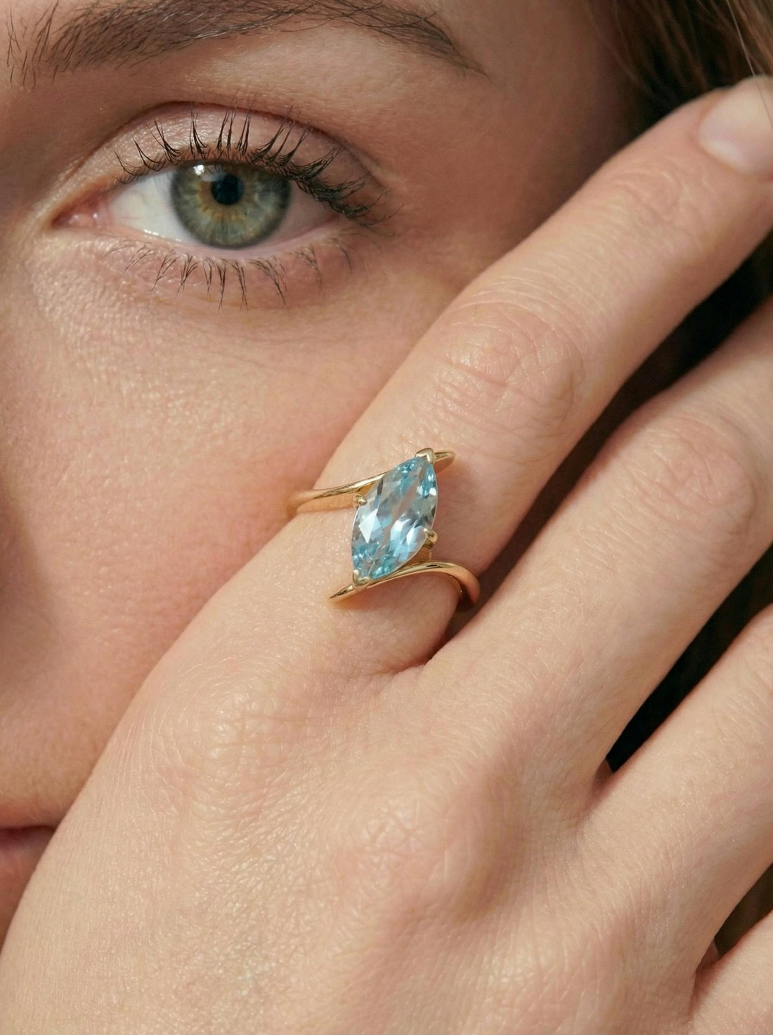 1.5ct Aquamarine Ring, Marquise Cut Aquamarine Solitaire, Curved Bypass Band, March Birthstone, 14K Gold Nature Inspired Ring