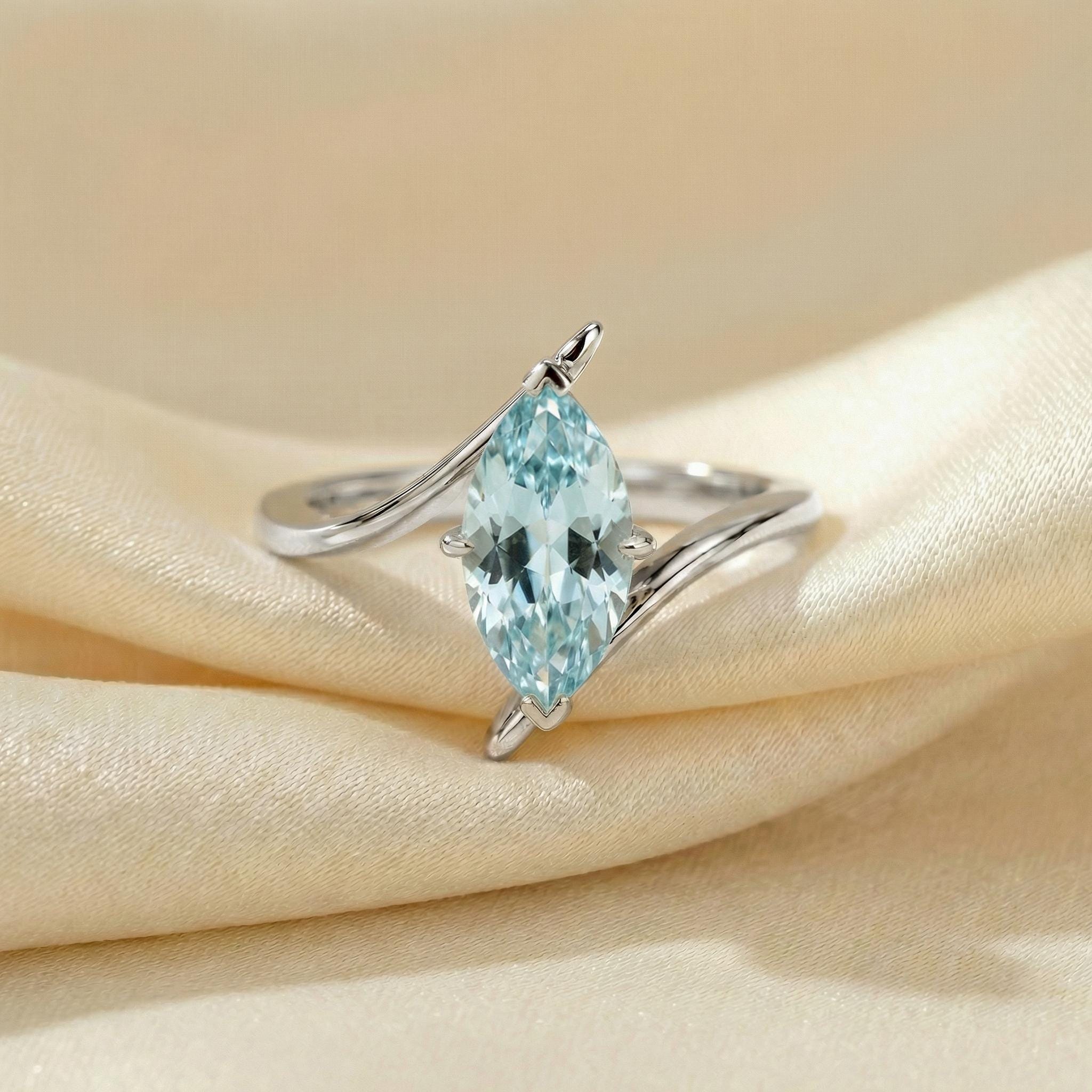 1.5ct Aquamarine Ring, Marquise Cut Aquamarine Solitaire, Curved Bypass Band, March Birthstone, 14K Gold Nature Inspired Ring