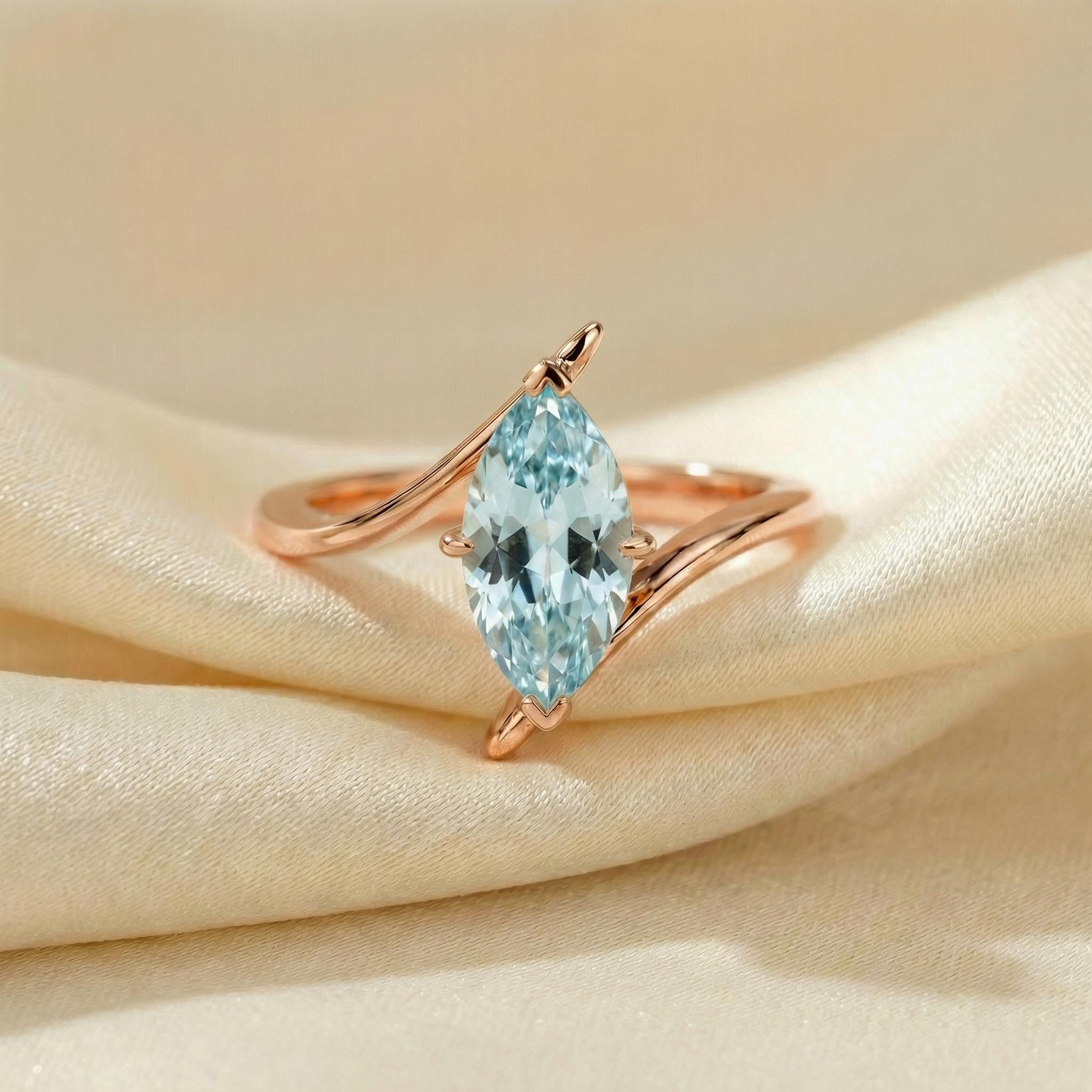 1.5ct Aquamarine Ring, Marquise Cut Aquamarine Solitaire, Curved Bypass Band, March Birthstone, 14K Gold Nature Inspired Ring