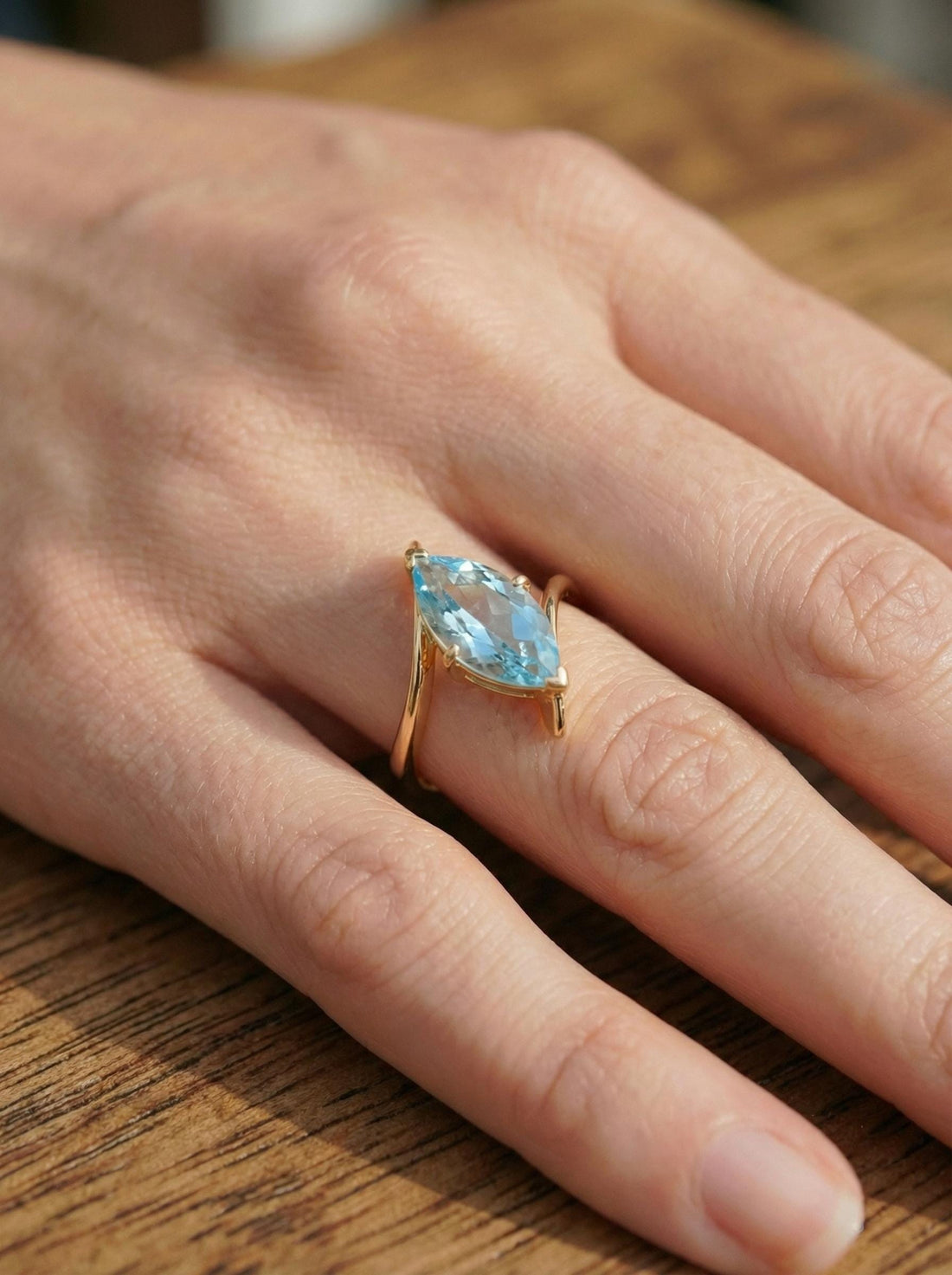 1.5ct Aquamarine Ring, Marquise Cut Aquamarine Solitaire, Curved Bypass Band, March Birthstone, 14K Gold Nature Inspired Ring