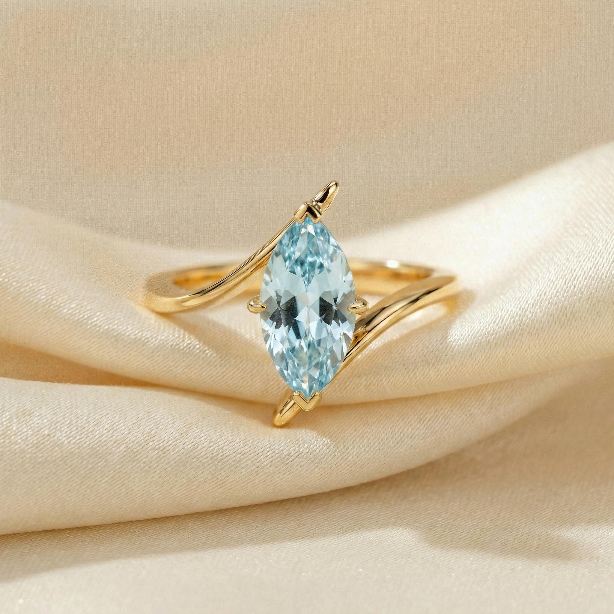 1.5ct Aquamarine Ring, Marquise Cut Aquamarine Solitaire, Curved Bypass Band, March Birthstone, 14K Gold Nature Inspired Ring