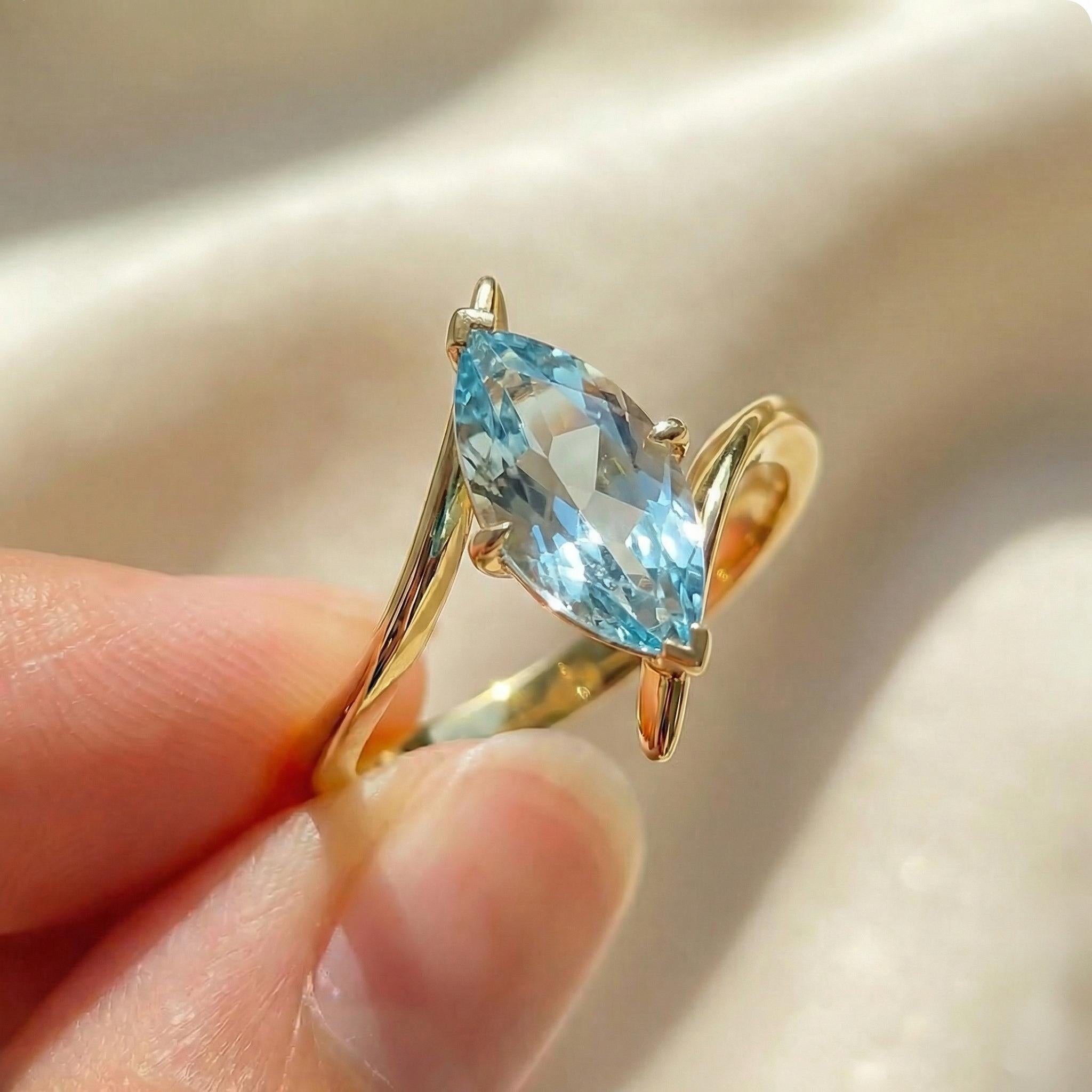 1.5ct Aquamarine Ring, Marquise Cut Aquamarine Solitaire, Curved Bypass Band, March Birthstone, 14K Gold Nature Inspired Ring