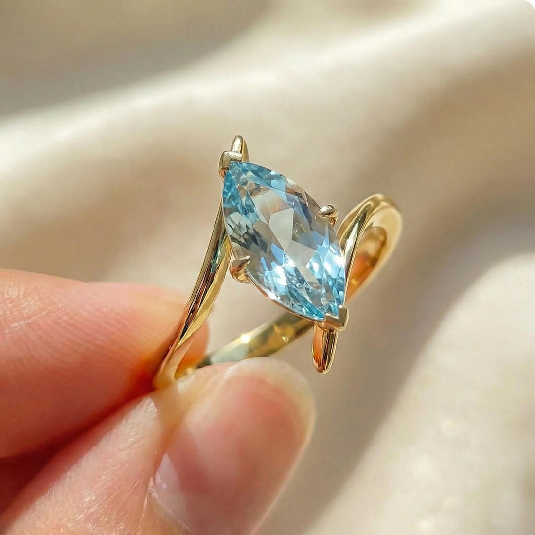 1.5ct Aquamarine Ring, Marquise Cut Aquamarine Solitaire, Curved Bypass Band, March Birthstone, 14K Gold Nature Inspired Ring