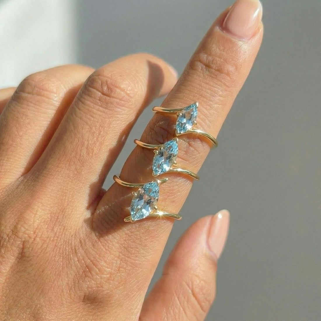 1.5ct Aquamarine Ring, Marquise Cut Aquamarine Solitaire, Curved Bypass Band, March Birthstone, 14K Gold Nature Inspired Ring