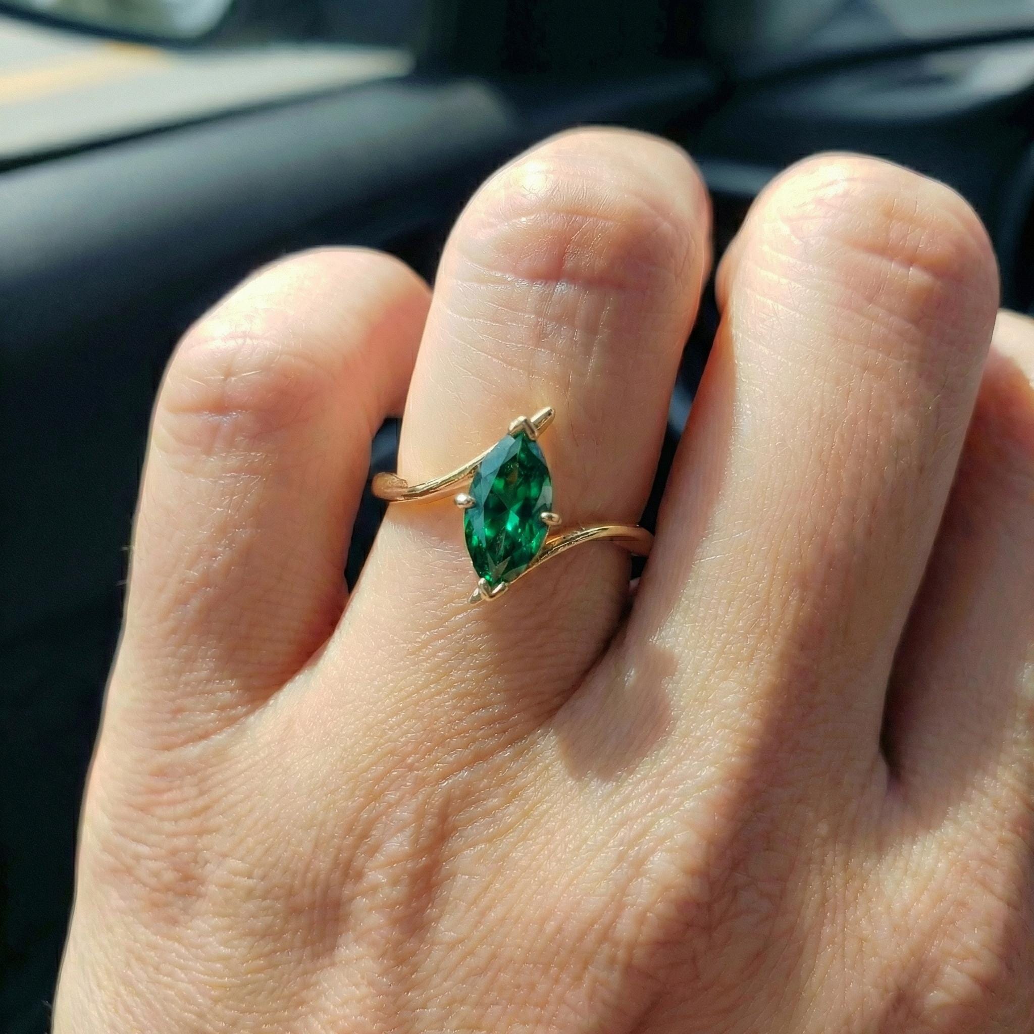 1.5ct Emerald Ring, Marquise Cut Emerald Solitaire, Curved Bypass Band, May Birthstone, 14K Gold Nature Inspired Ring