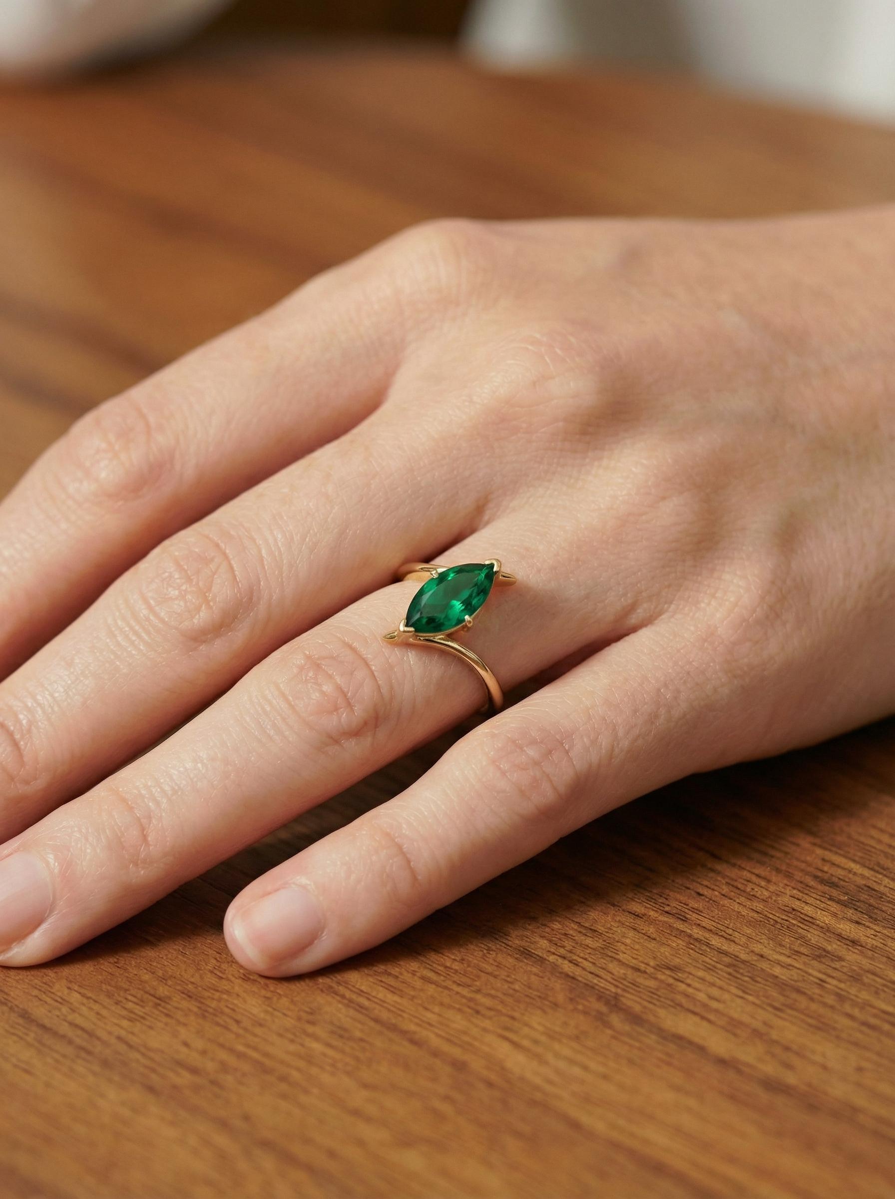 1.5ct Emerald Ring, Marquise Cut Emerald Solitaire, Curved Bypass Band, May Birthstone, 14K Gold Nature Inspired Ring