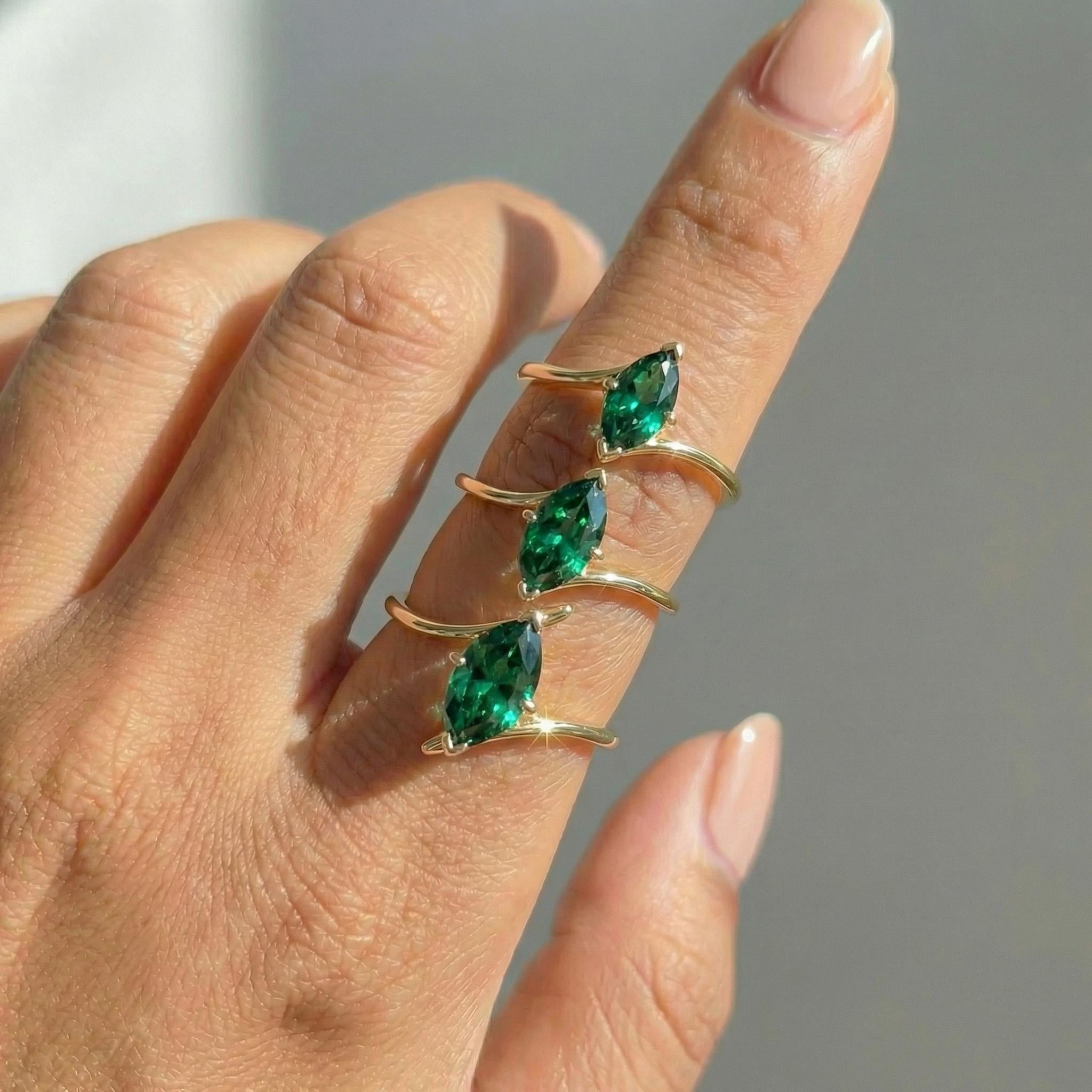 1.5ct Emerald Ring, Marquise Cut Emerald Solitaire, Curved Bypass Band, May Birthstone, 14K Gold Nature Inspired Ring
