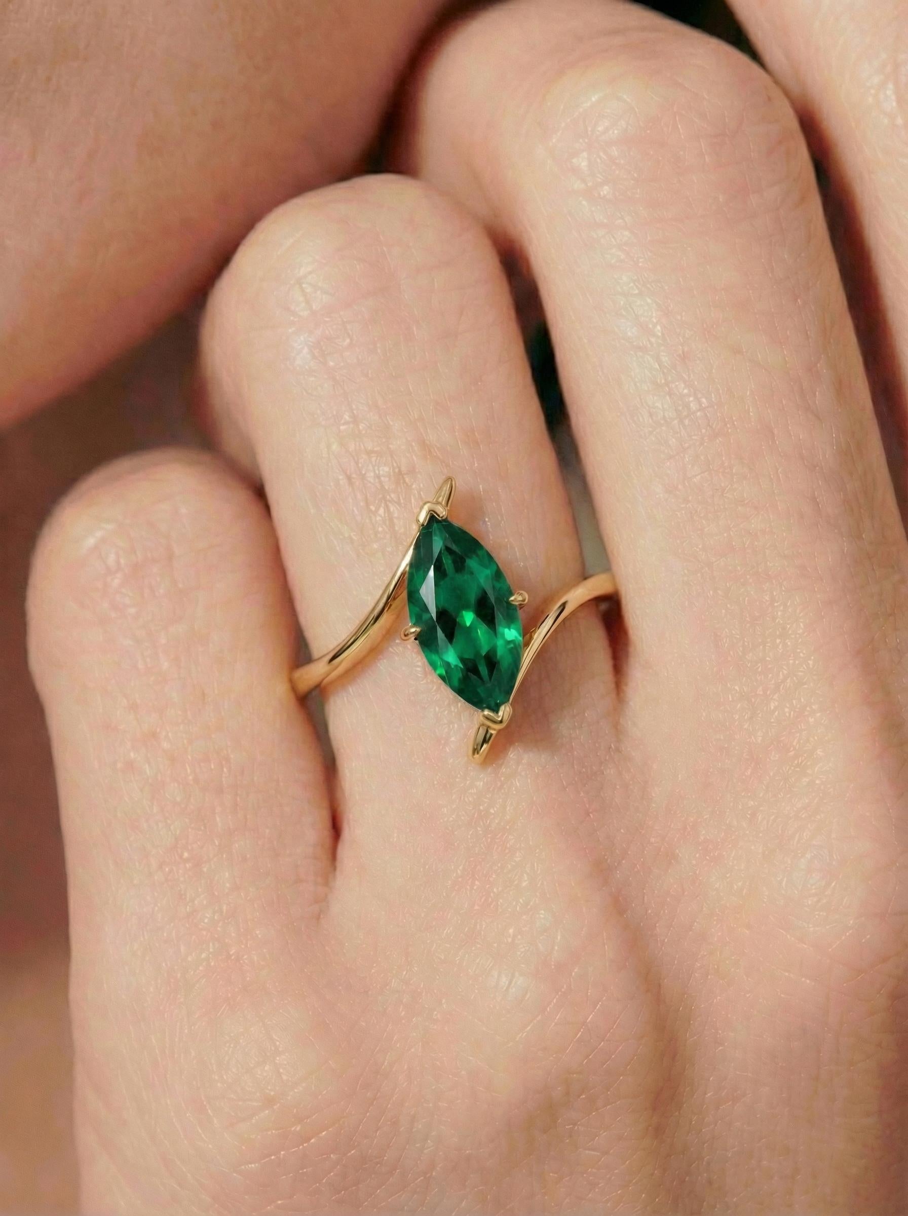 1.5ct Emerald Ring, Marquise Cut Emerald Solitaire, Curved Bypass Band, May Birthstone, 14K Gold Nature Inspired Ring