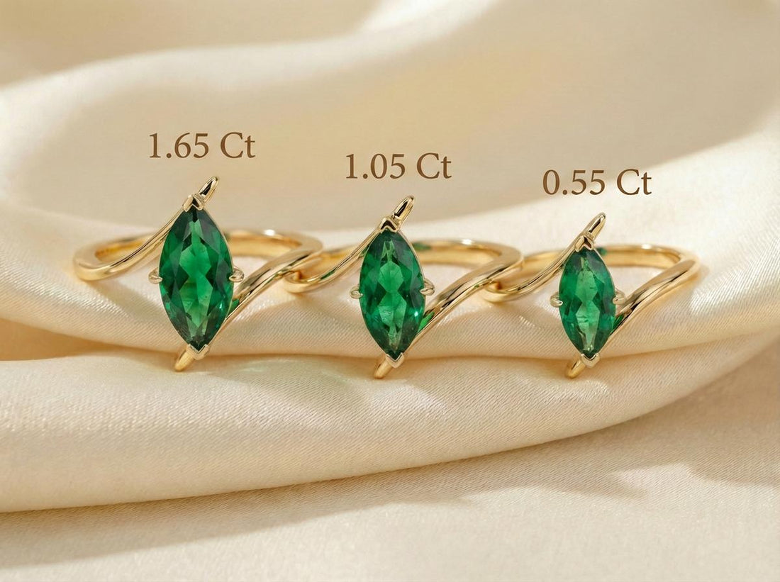 1.5ct Emerald Ring, Marquise Cut Emerald Solitaire, Curved Bypass Band, May Birthstone, 14K Gold Nature Inspired Ring
