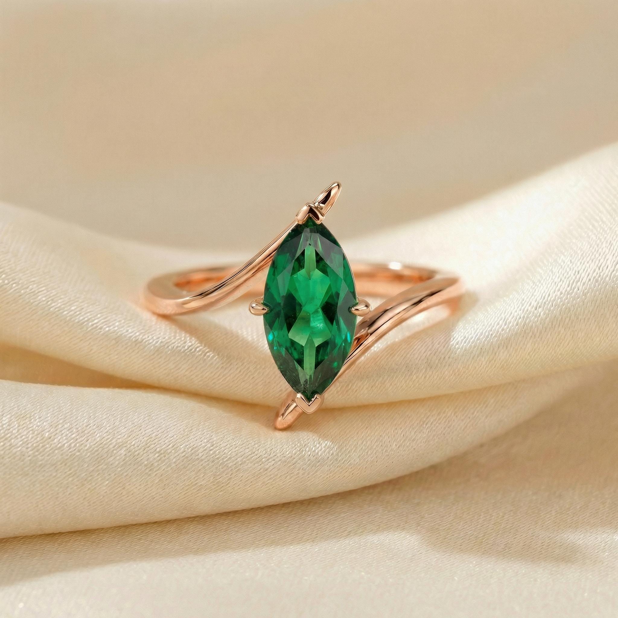 1.5ct Emerald Ring, Marquise Cut Emerald Solitaire, Curved Bypass Band, May Birthstone, 14K Gold Nature Inspired Ring