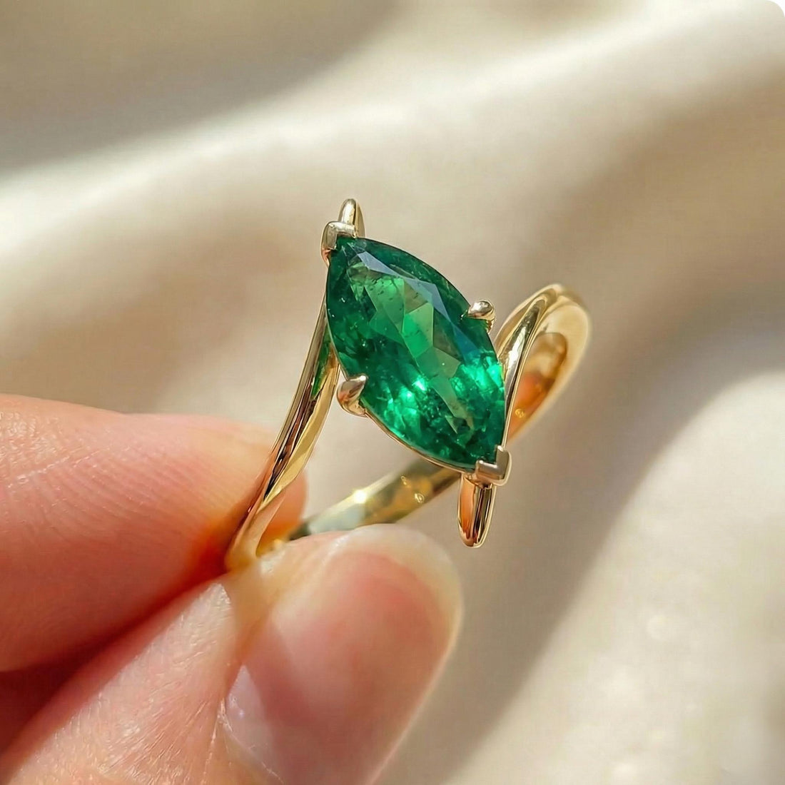 1.5ct Emerald Ring, Marquise Cut Emerald Solitaire, Curved Bypass Band, May Birthstone, 14K Gold Nature Inspired Ring