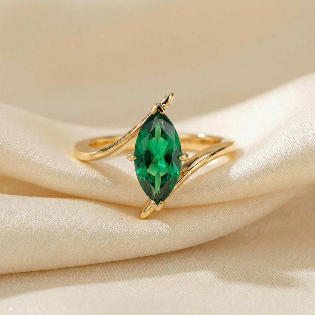 1.5ct Emerald Ring, Marquise Cut Emerald Solitaire, Curved Bypass Band, May Birthstone, 14K Gold Nature Inspired Ring