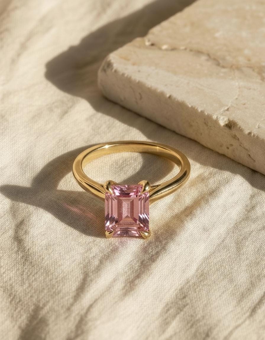 1.0ct Morganite Ring, Emerald Cut Morganite Solitaire, Minimalist Stacking Ring, October Birthstone, Travel Ring