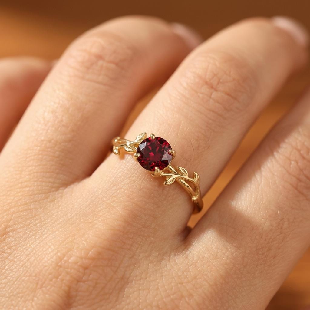 0.8ct Round Garnet Ring, January Birthstone Promise Ring, Nature Inspired Vine Ring, Vintage Stackable Gemstone Ring for Her